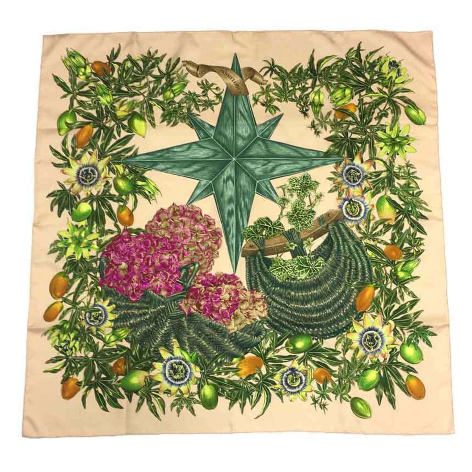 Hermes HERMES Carre 90 Scarf/Muffler, PASSIFLORES (Passion Flower) design, Pink Beige x Green, Men's/Women's/Unisex, 100% Silk Size ONE SIZE - 1 Preview