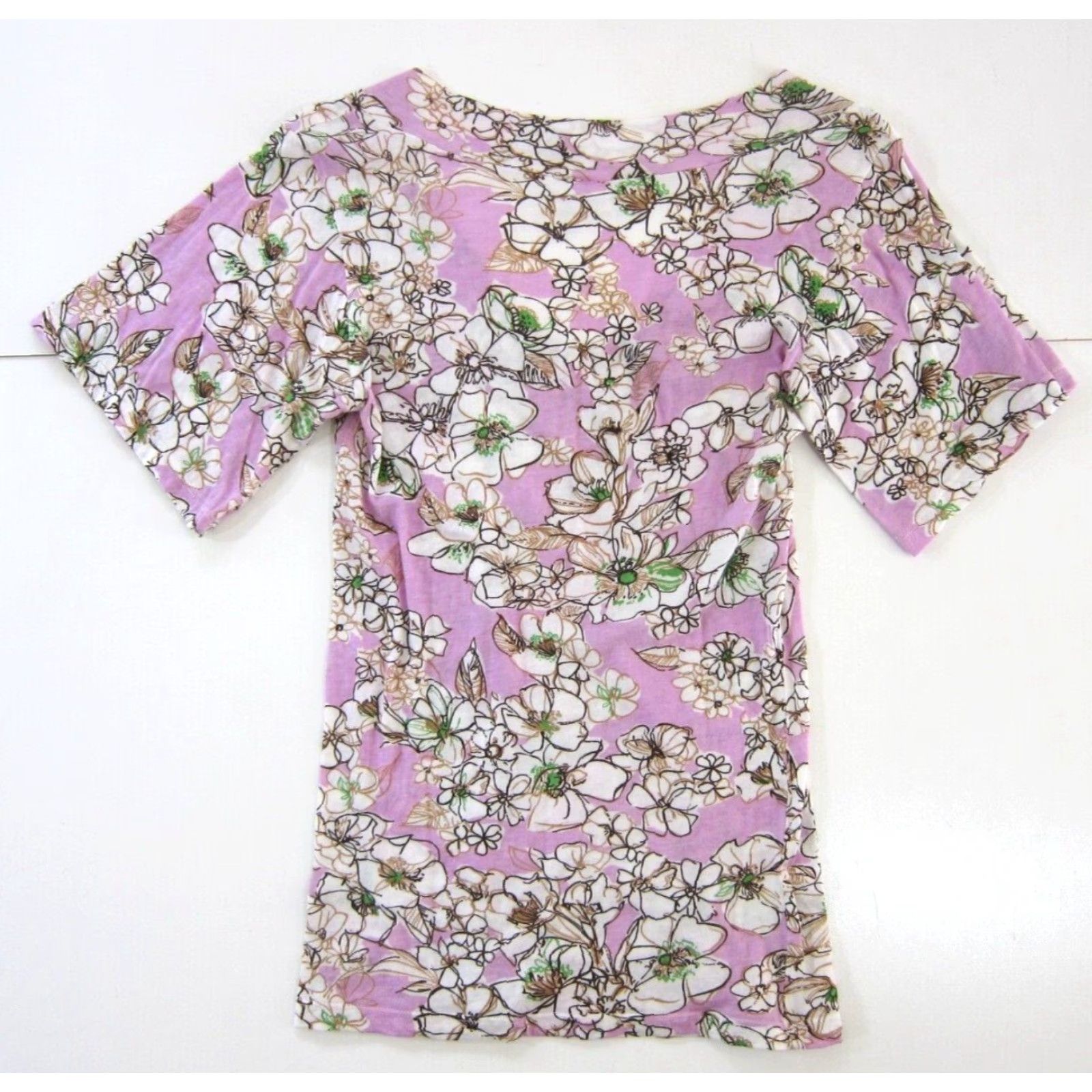 Anthropologie Porridge Laura Stang Anthropologie Cotton Purple White Floral V-Neck T-Shirt 2 Size XS / US 0-2 / IT 36-38 - 2 Thumbnail
