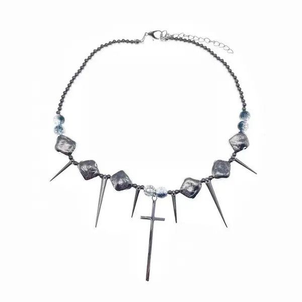 Jewelry Silver Color Thorns Punk With Cross Necklace Choker Size ONE SIZE - 5 Thumbnail