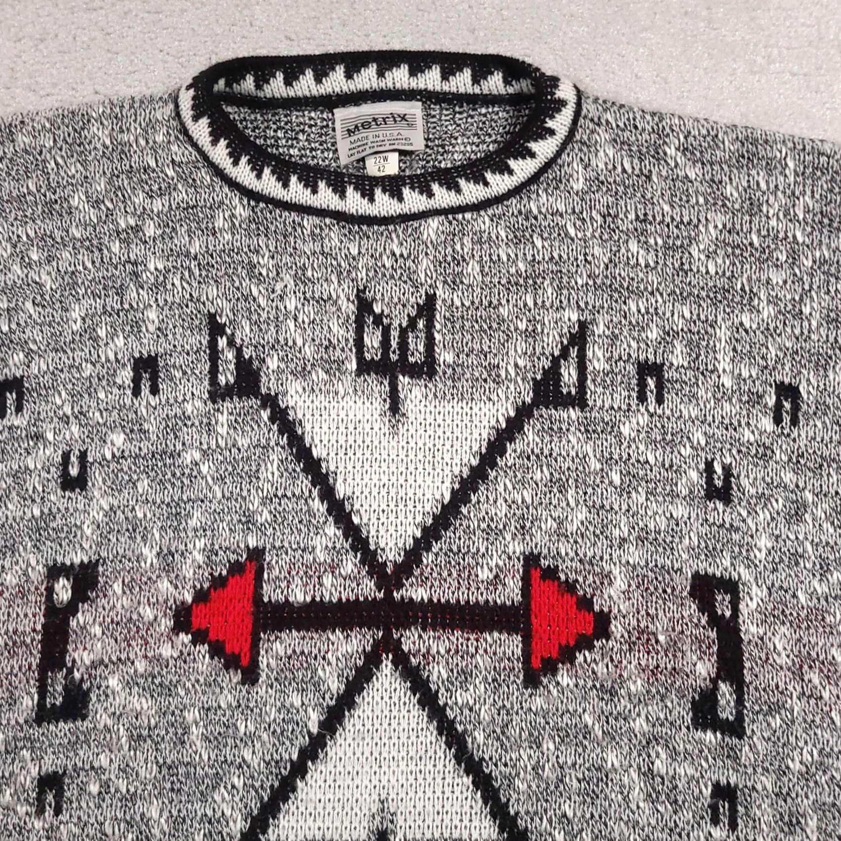 Vintage VINTAGE Metrix Sweater Woman's 22W Gray Red Aztec Southwestern Knit USA 90s Size 3XL / US 20-22 - 3 Thumbnail