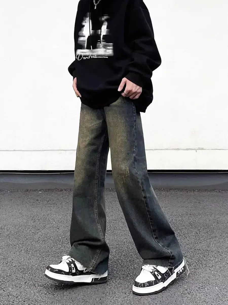 Vintage washed draped hip-hop straight-leg jeans