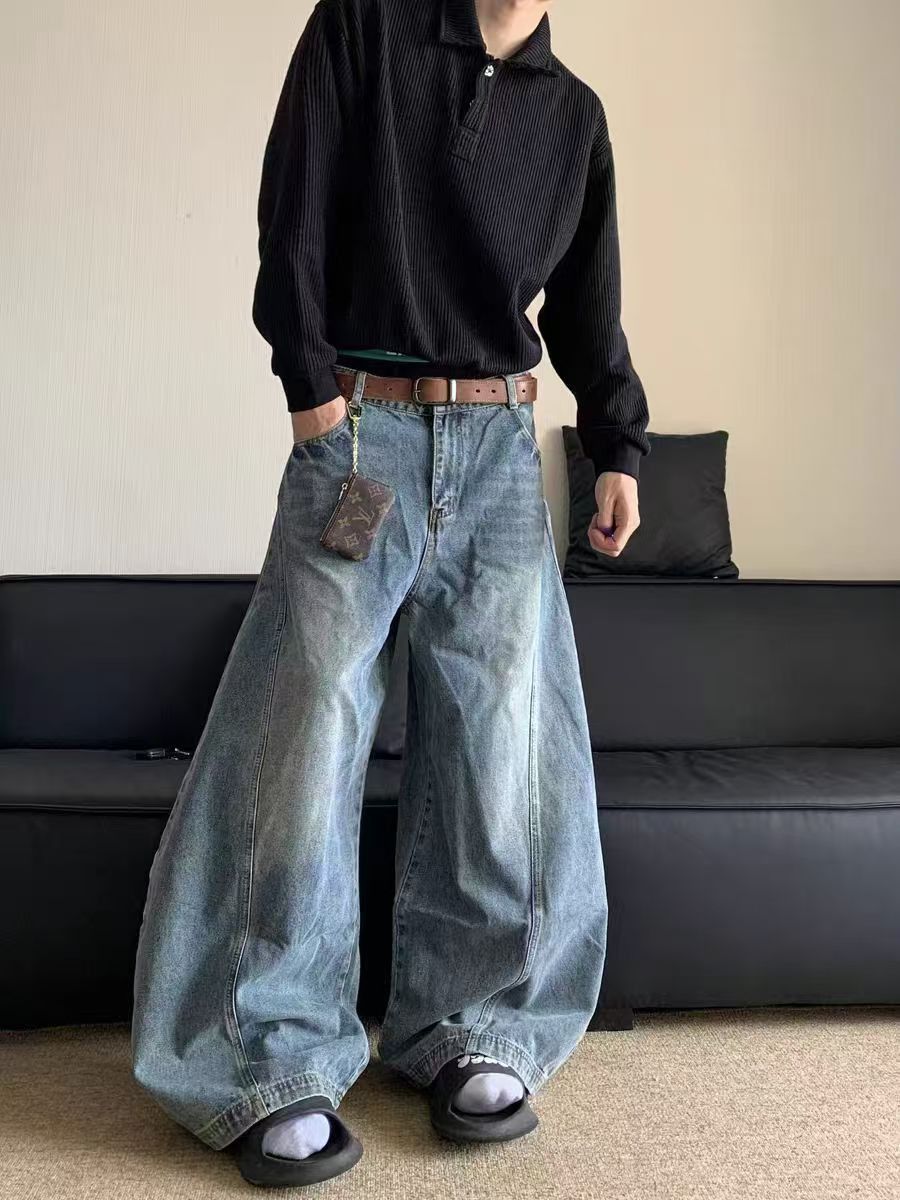 パンツ Japanese Destroyed baggy wide Leg jeans EMOSTANCECLUB】DESTROYED BAGGY WIDE LEG JEANS L