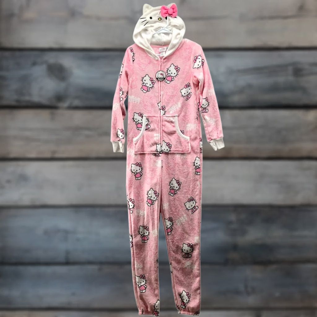 Vintage Hello Kitty Jumpsuit Womens XS Pink Plush Union Suit Pajama Hooded One Piece Size 26" / US 2 / IT 38 - 1 Thumbnail