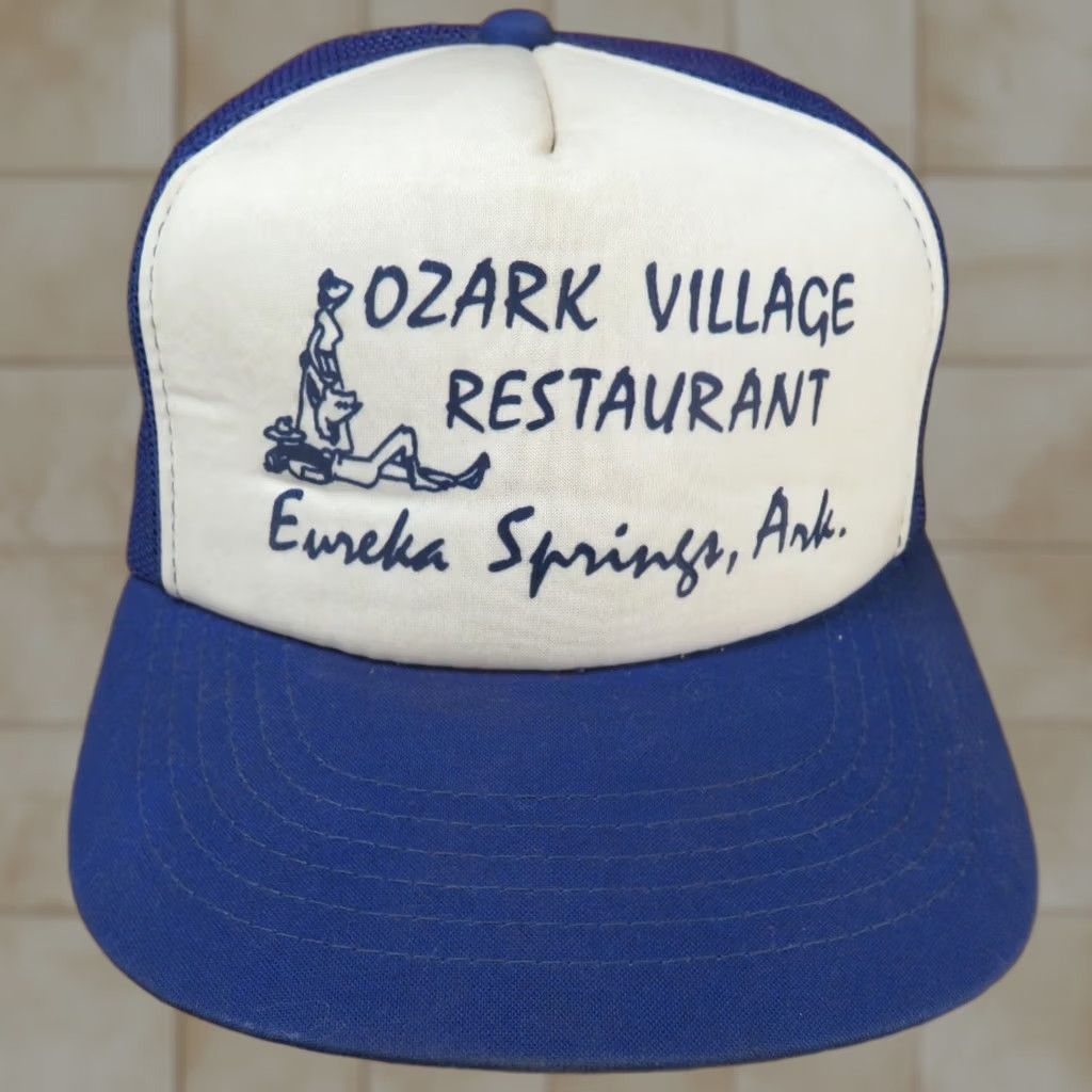 Vintage VINTAGE Ozark Village Restaurant Eureka Springs Arkansas Blue white snapback Hat Unisex Adults One Size Blue 80s Theme Adjustable Snapback Hat Size ONE SIZE - 1 Thumbnail