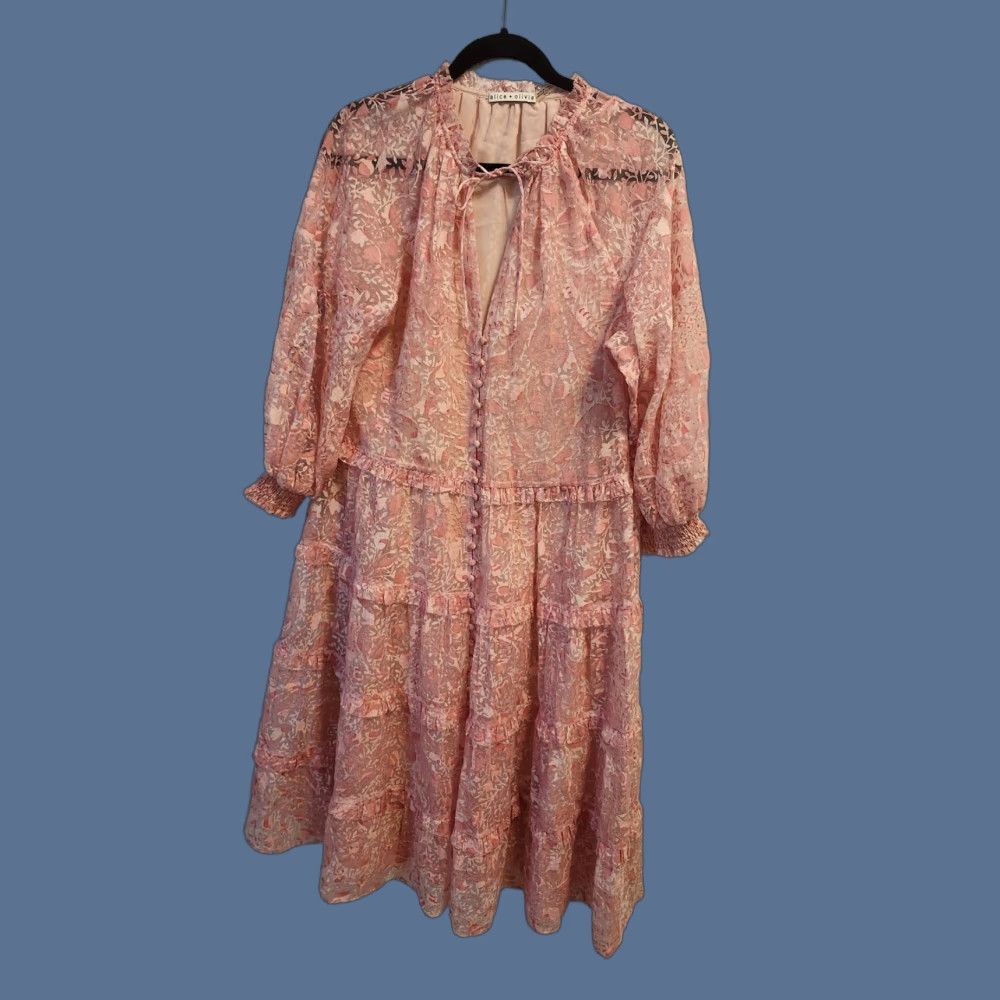 Alice + Olivia Dress Womens M Pink Floral Lace Tiered Button Front Lined