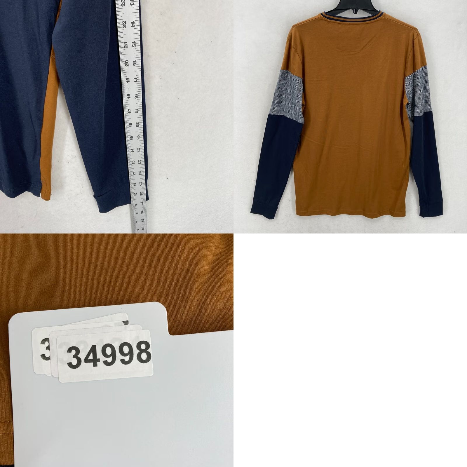 Denime Denim & Flower Ricky Singh Panelled Houndstooth T-Shirt Mens Color Block Medium Brown Cotton Knit Long Sleeve Crew Neck Casual Shirt Size US M / EU 48-50 / 2 - 8 Thumbnail