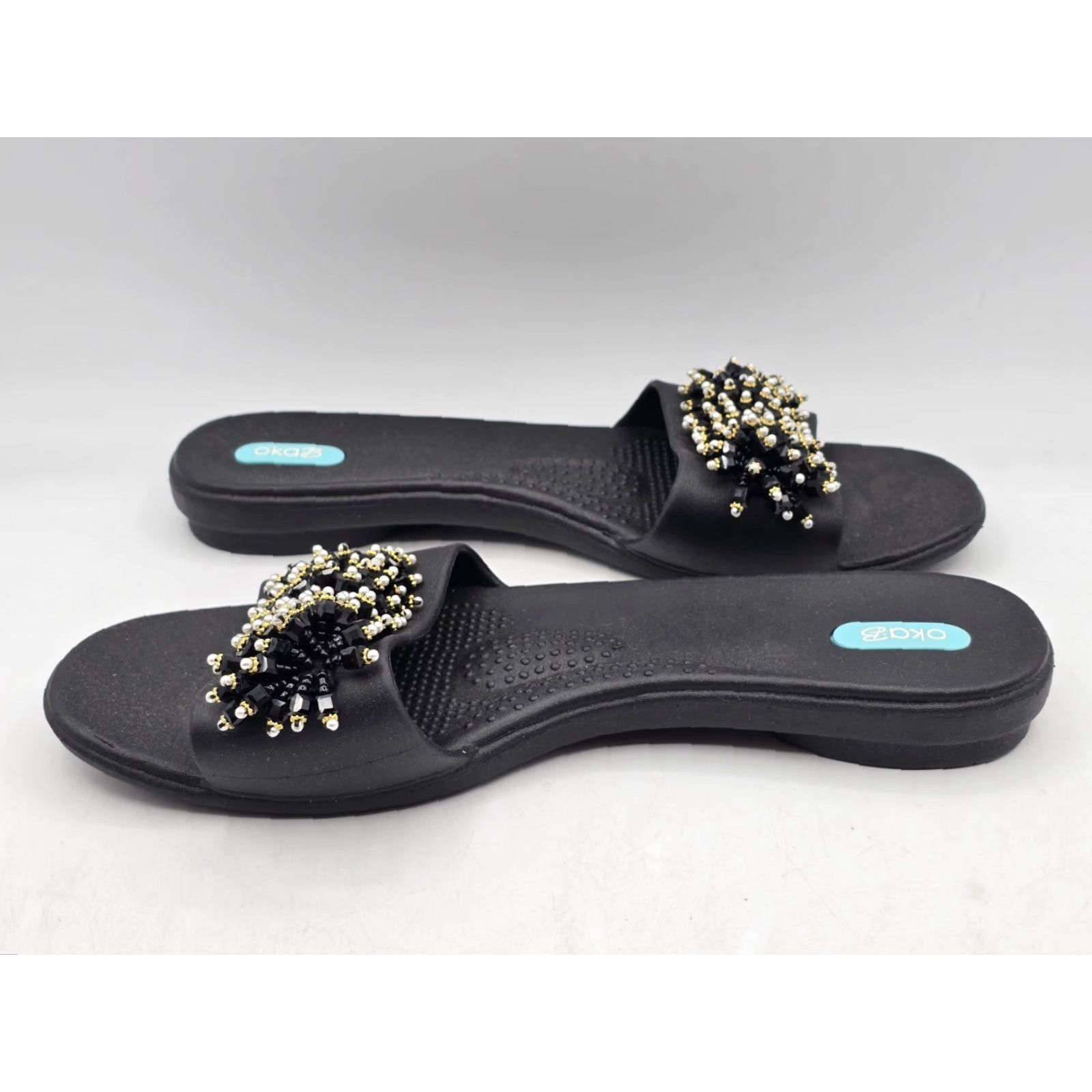 Vintage Oka-B Sandal Women’s Slide Black Multi LL 11.5-12 Casual Travel - Beaded Logo, Solid Pattern, Slip On, Flat Heel Womens Size US 11.5 / IT 41.5 - 5 Thumbnail