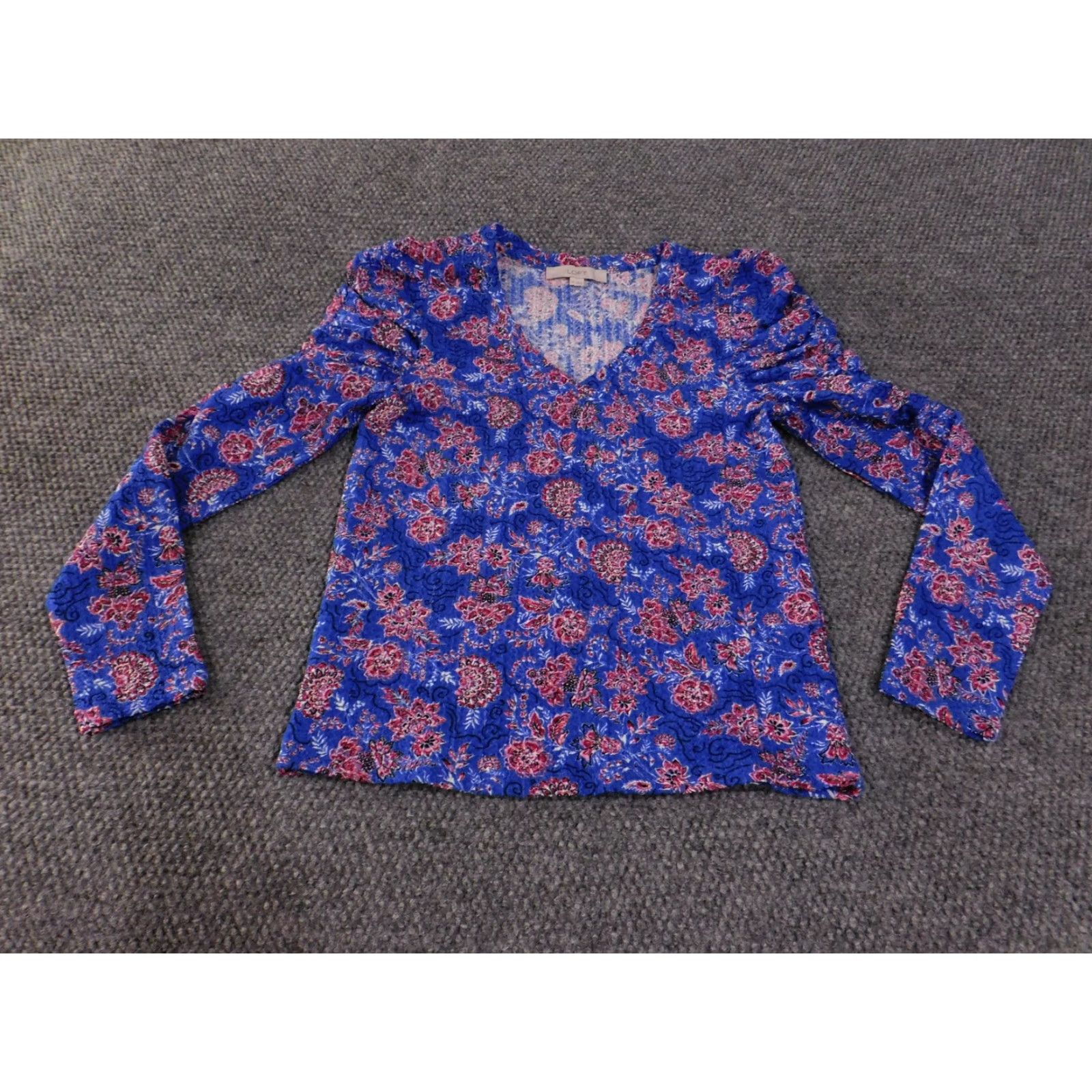 Loft VINTAGE LOFT Top Womens XS Blue Pink Floral Long Sleeve Ruched Blouse Stretch Boho Size XS / US 0-2 / IT 36-38 - 3 Thumbnail