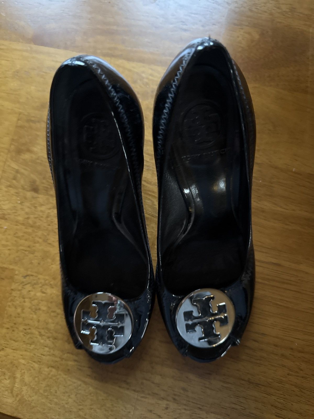 Tory Burch Tory Burch Black Patent peep toe wedge with silver buckle Size US 7 / IT 37 - 2 Thumbnail