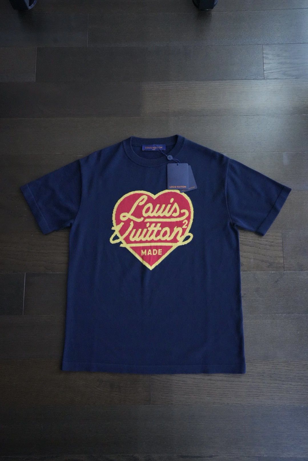 image of Louis Vuitton x Nigo Intarsia Jacquard Heart Crewneck in Navy, Men's (Size Small)