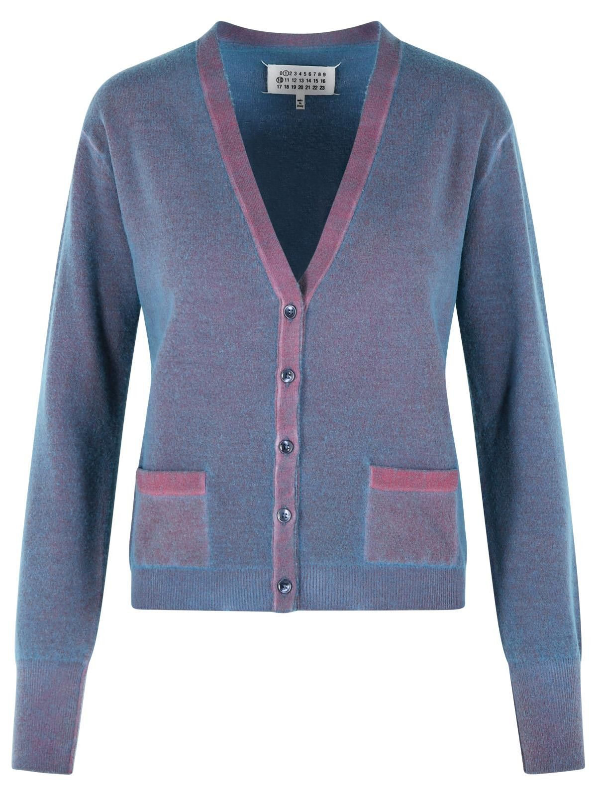 Maison Margiela MAISON MARGIELA Virgin Wool Cardigan With Light Blue And Red V-Neck Size M / US 6-8 / IT 42-44 - 1 Thumbnail
