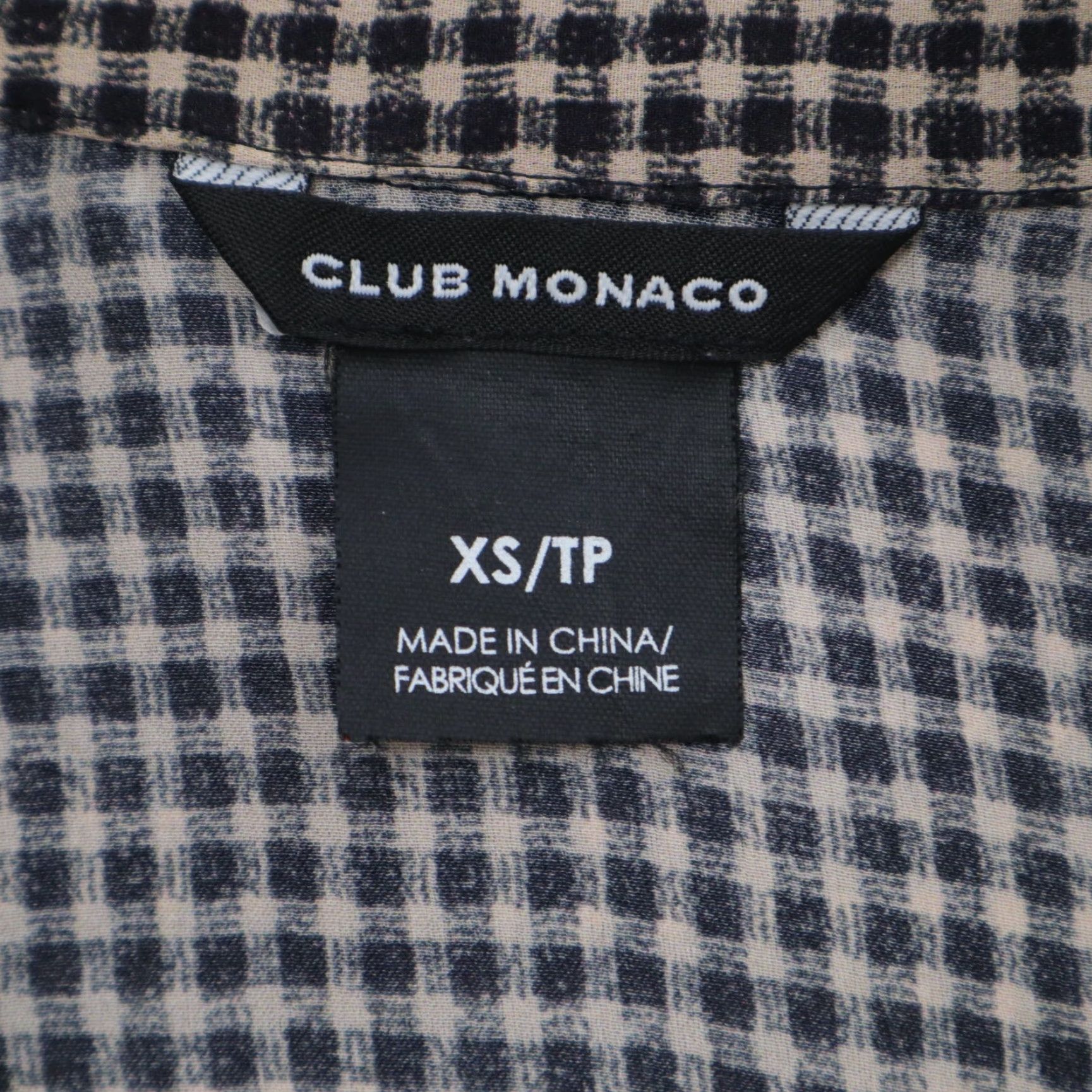 VINTAGE Club Monaco Silk Blouse Shirt Top Womens XS Gingham Black Ivory Beige Hi-Low Formal Office Retirement
