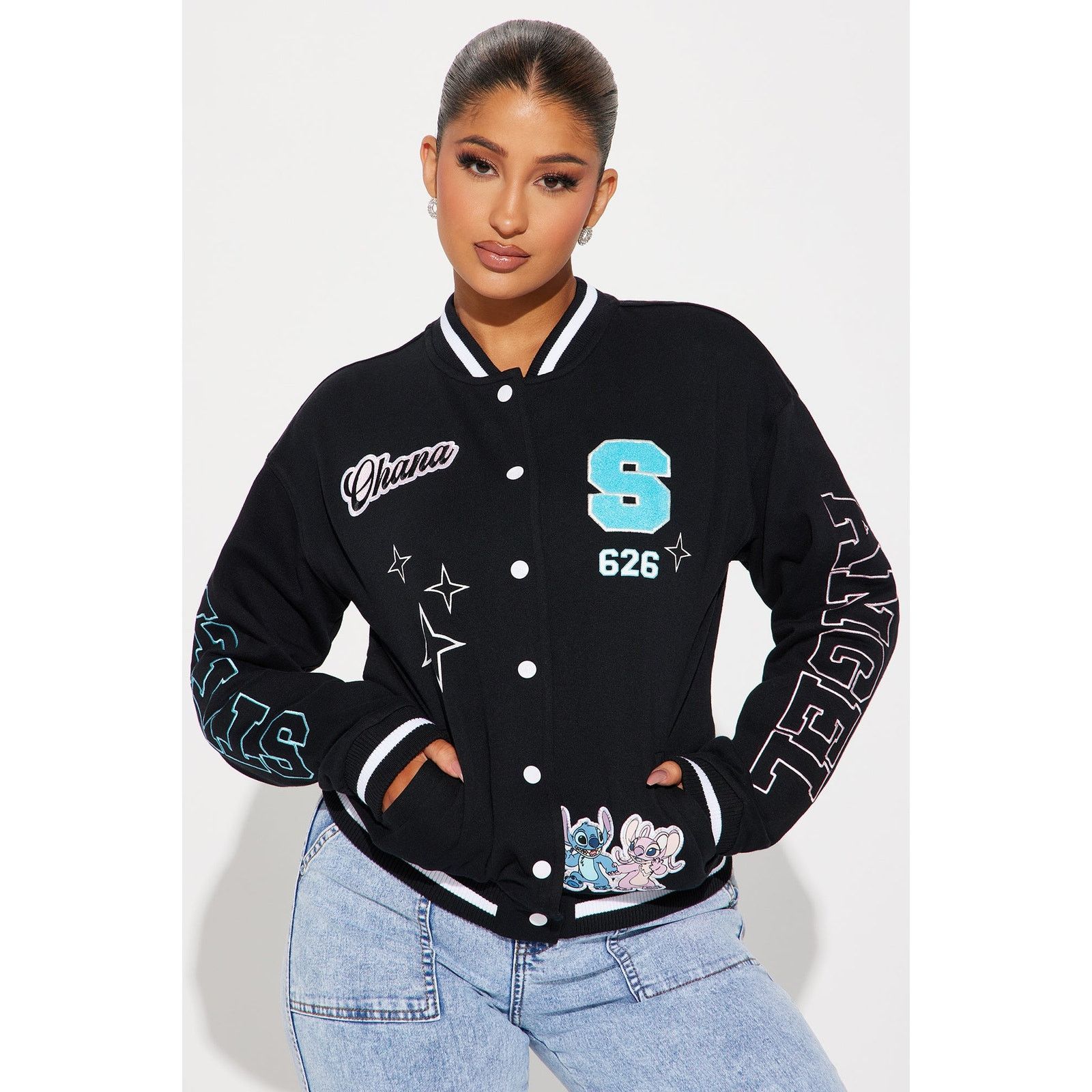 Disney Chic Black Stitch & Angel Women's Bomber Jacket - Large Size L / US 10 / IT 46 - 1 Thumbnail