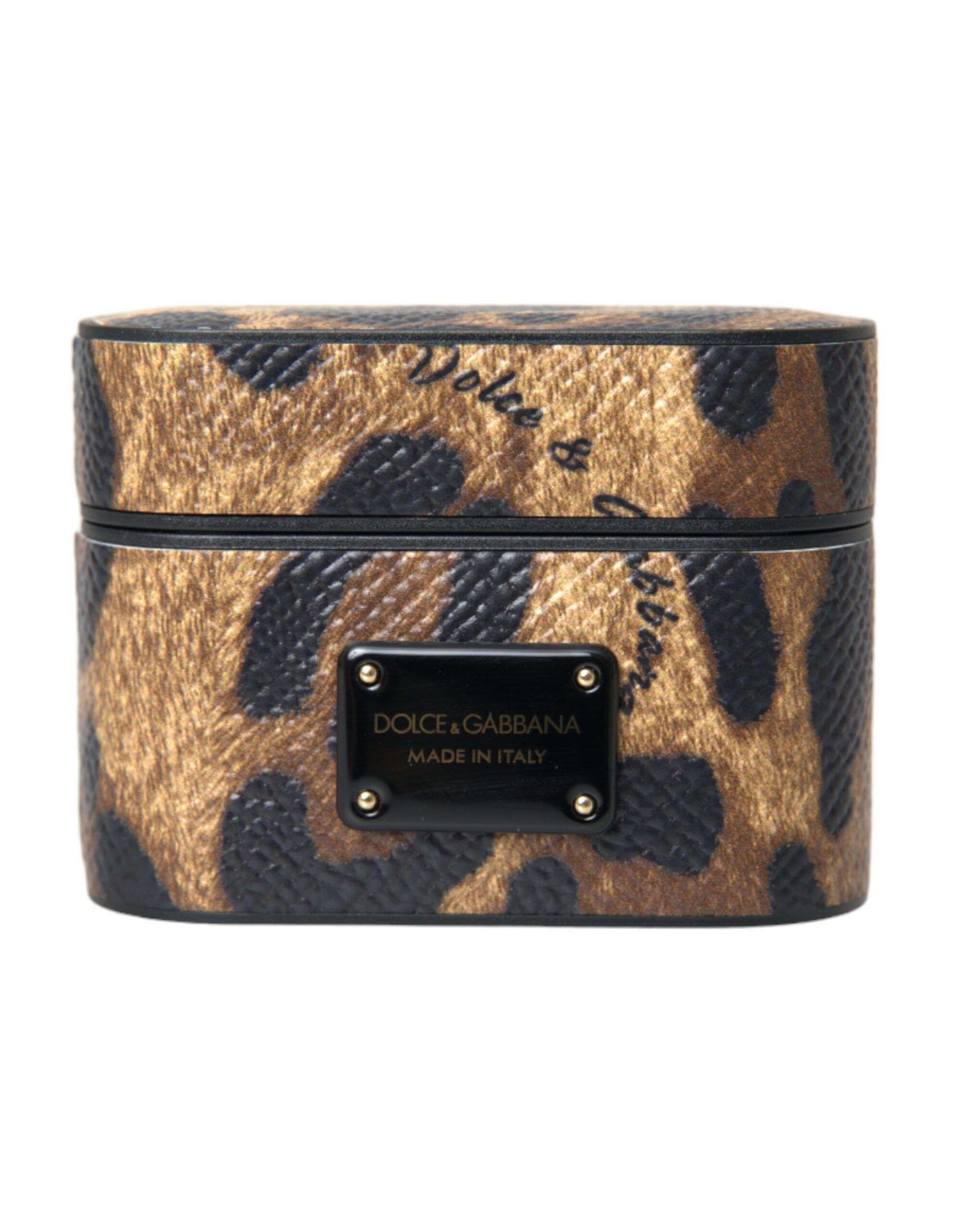 Brown Leopard Calf Leather Metal Logo Plaque Airpods