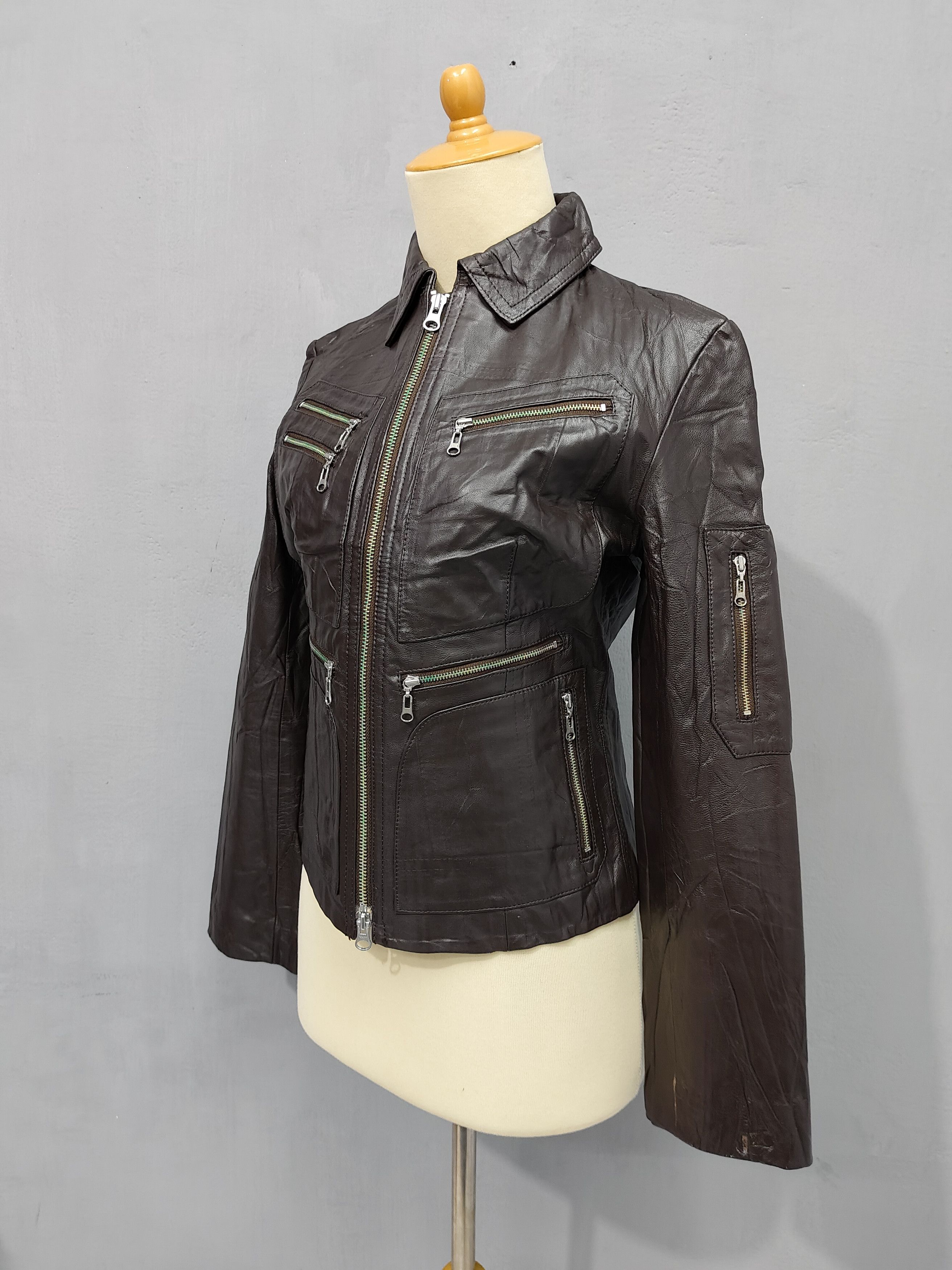 DKNY 2000s DKNY- Multi Zip Pocket Moto Sheepskin Leather Jacket Size M / US 6-8 / IT 42-44 - 2 Thumbnail