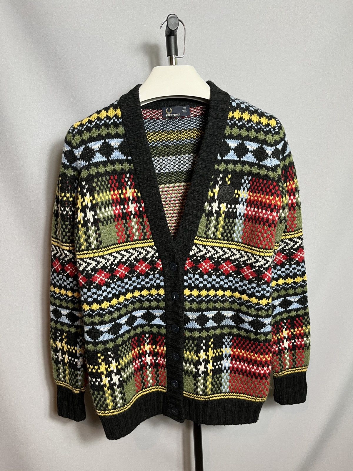Designer Fred Perry Thick Chunky Knit Oversize Fairisle Cardigan Size S / US 4 / IT 40 - 1 Thumbnail
