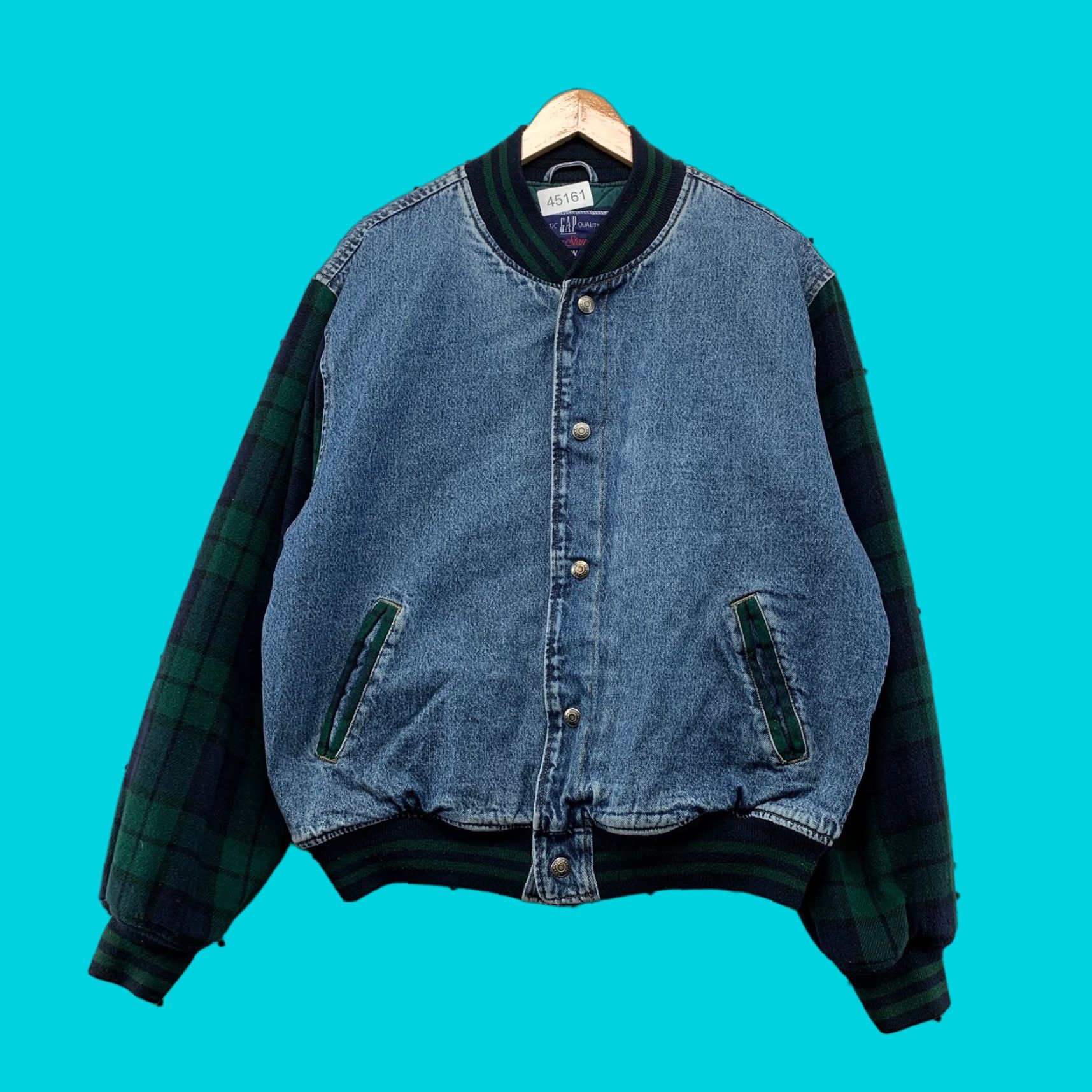 Gap VINTAGE GAP Denim Bomber Jacket Men L Blue Plaid 90s Wool Sleeves Premium Size US L / EU 52-54 / 3 - 1 Thumbnail