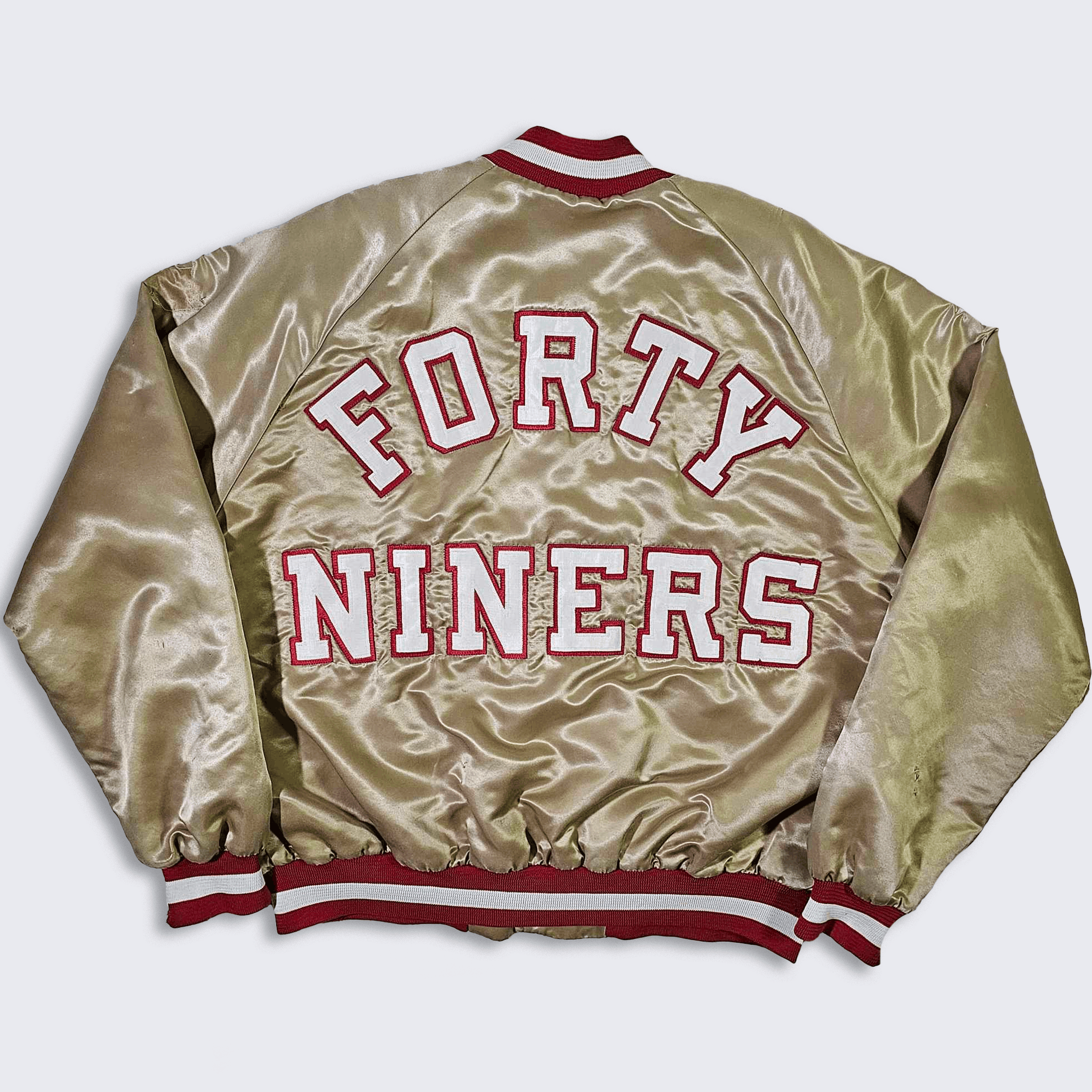 image of San Francisco 49Ers 80's Chalk Line Satin Bomber Jacket in Gold, Men's (Size XL)