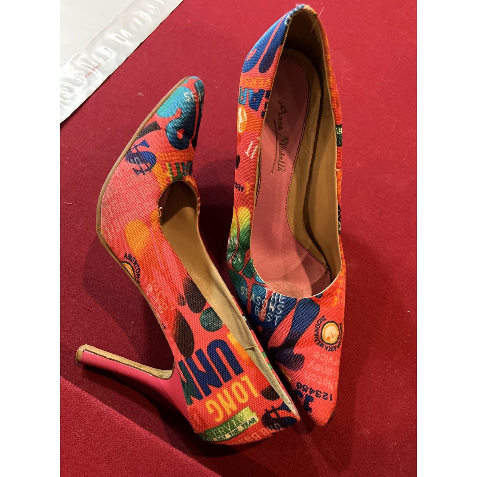 Vintage VINTAGE Anne Michelle Grafitti Word Art Pump Heel 4” Fuel 01 Stiletto Pink 7.5 Womens Shoes Size US 8 / IT 38 - 7 Thumbnail