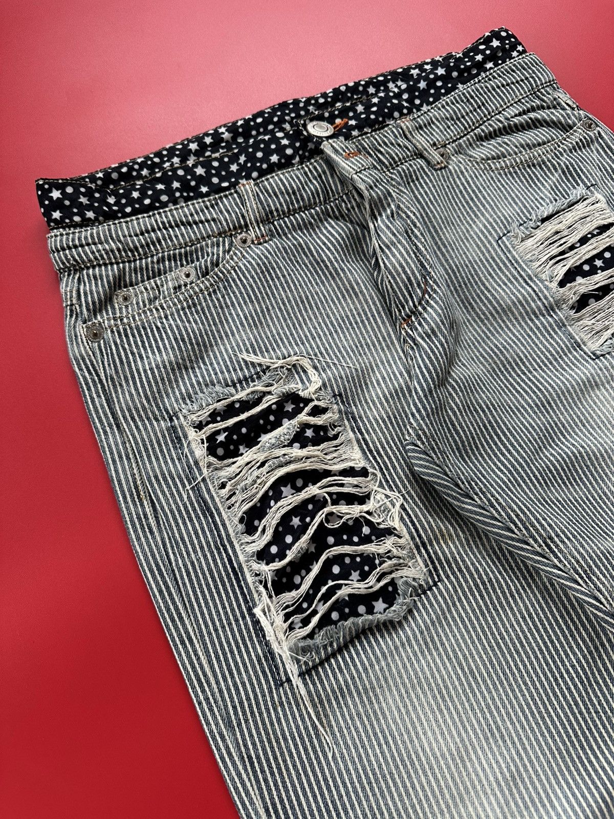 Japanese Brand Railroad Stripe Double Waist Patchwork Unbrand Jeans Size US 33 - 1 Thumbnail