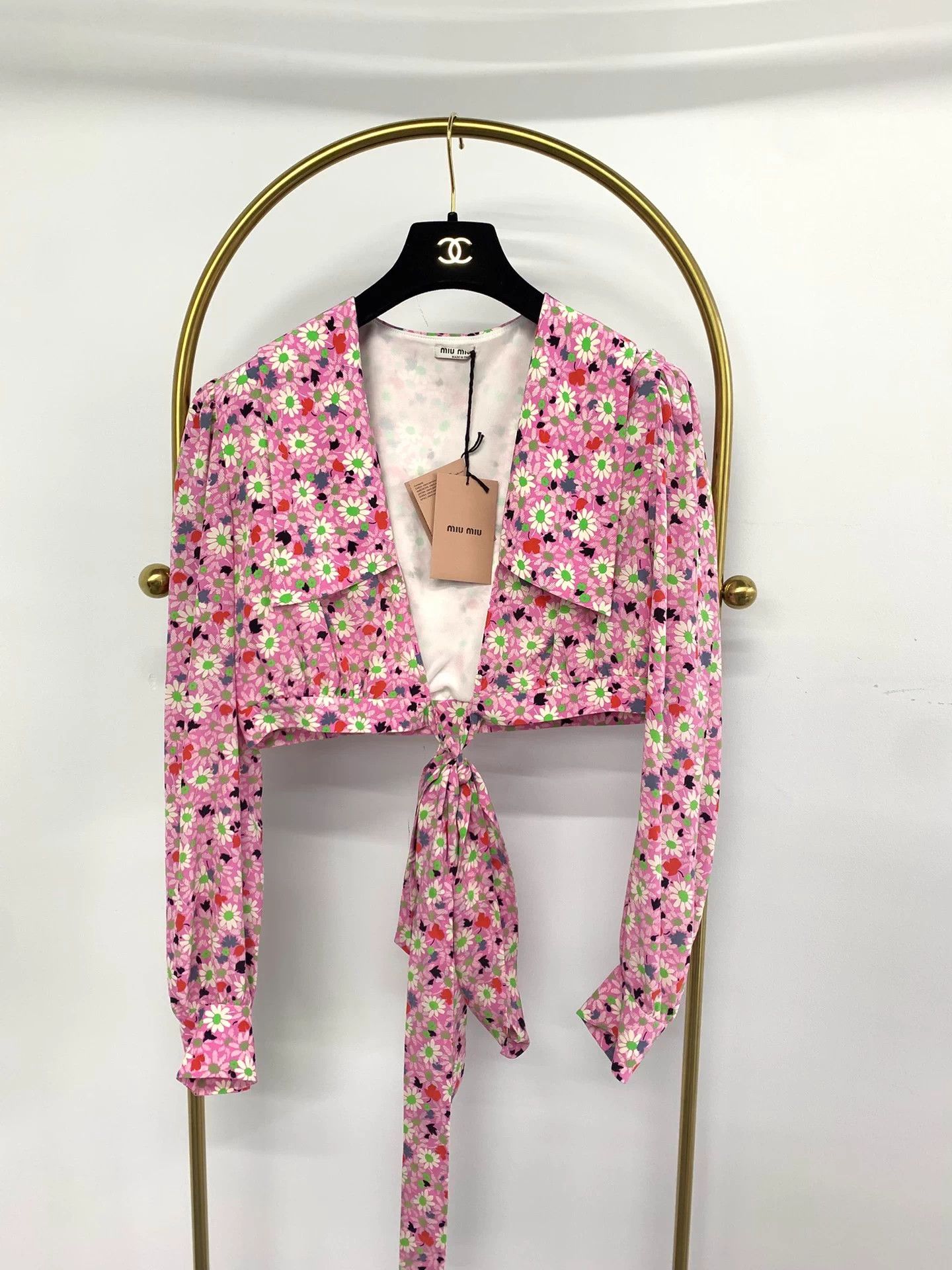 Miu Miu MIU MIU Pink Floral Tie-Front Top Women's 40 NWT Size S / US 4 / IT 40 - 1 Thumbnail
