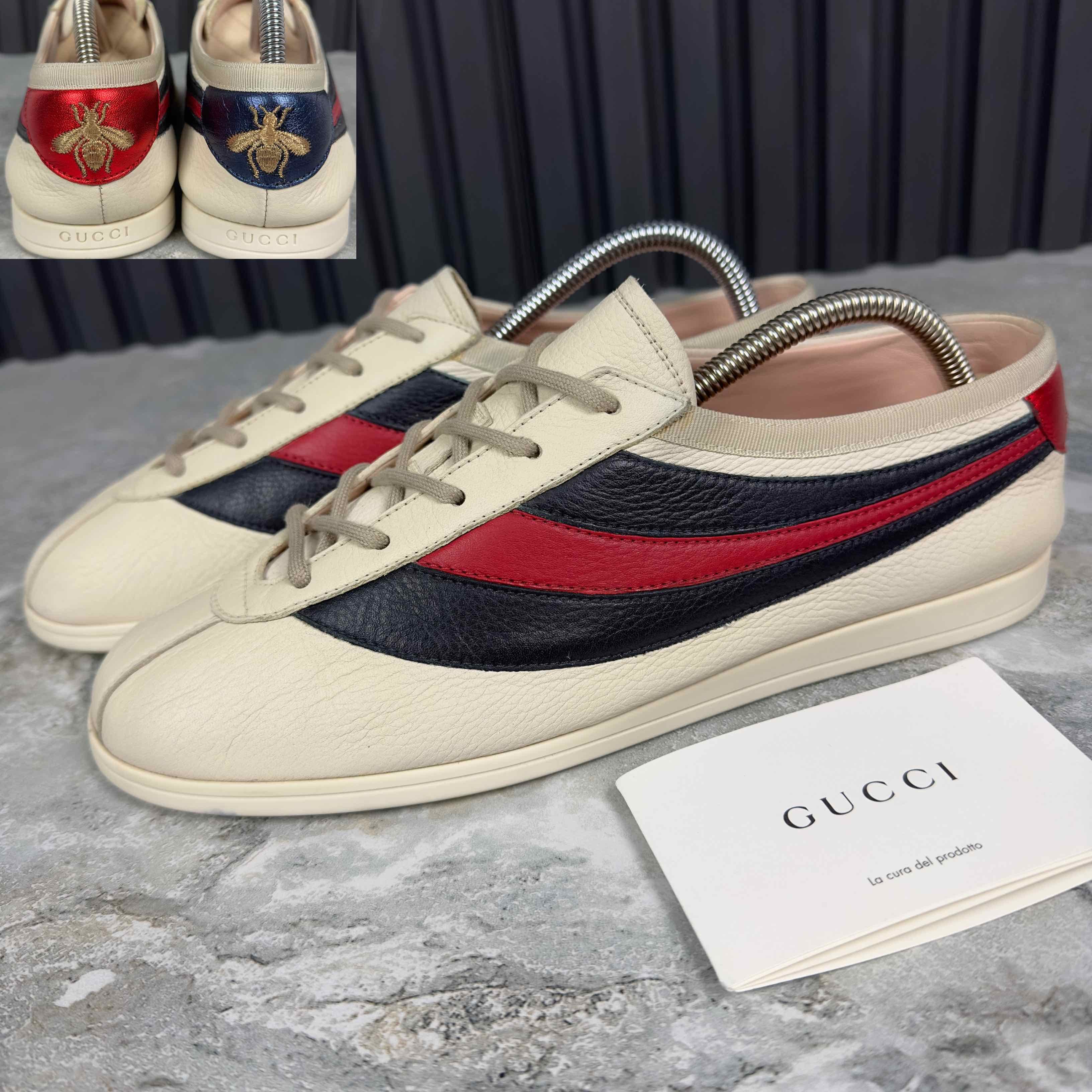 image of Gucci Falacer Hebron Sneaker Web Bee Embroidery Leather 7.5 G in White, Men's (Size 8)
