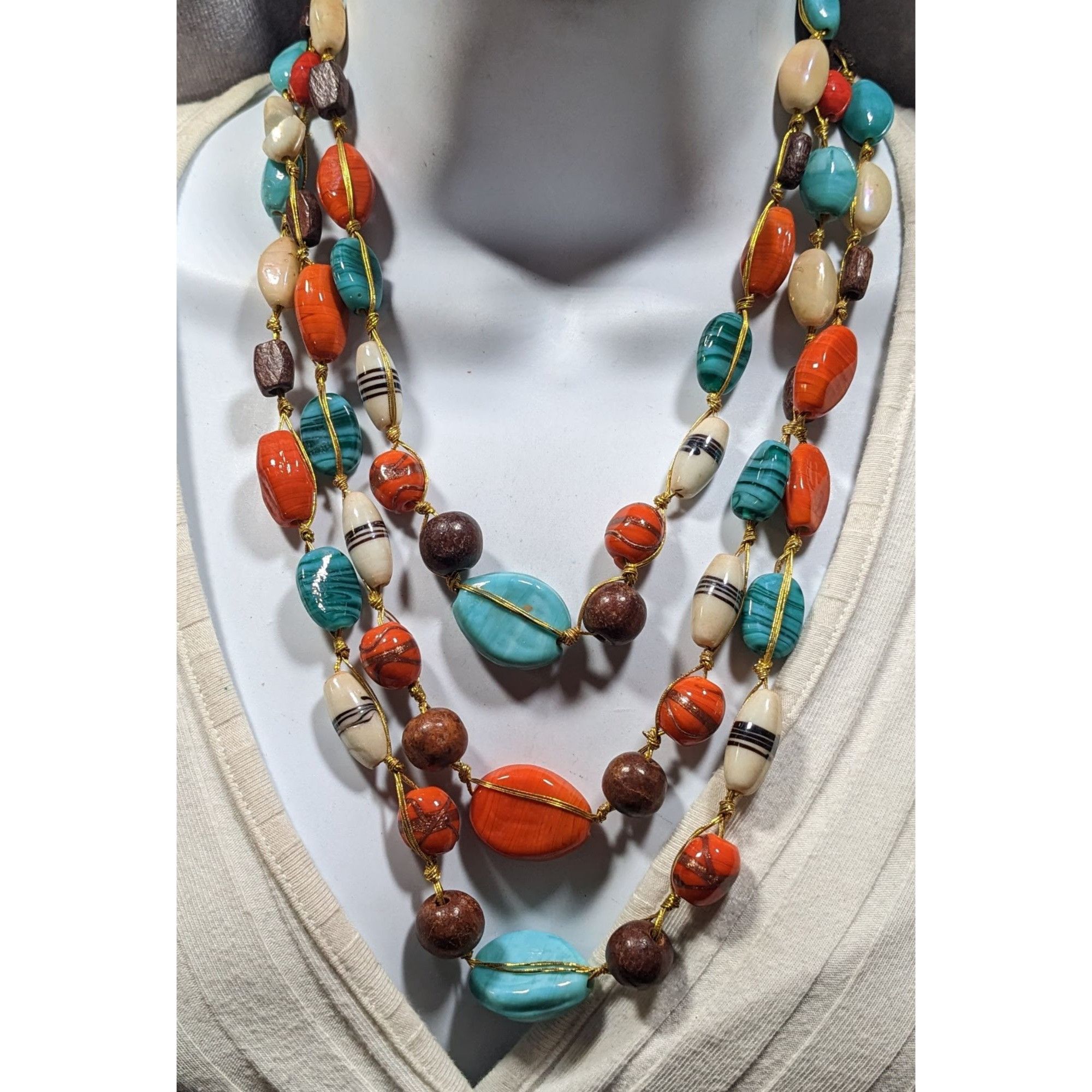 Other Bohemian Multilayer Blue And Orange Glass And Wood Beaded Ne Size ONE SIZE - 1 Thumbnail