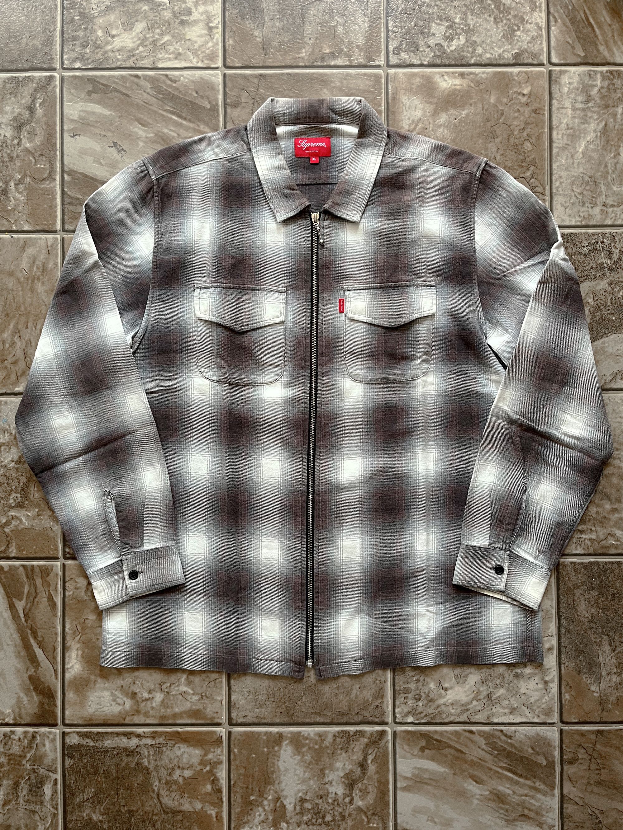 Supreme Supreme Shadow Plaid Flannel Zip Shirt Grey F/W 2015 | Grailed