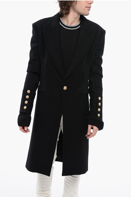 Virgin Wool Blend Coat with Ribbed Knitted Details