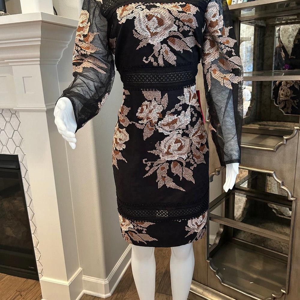 Designer Belle Badley Mischka Floral Sheer Sleeves Dress Size L / US 10 / IT 46 - 5 Thumbnail