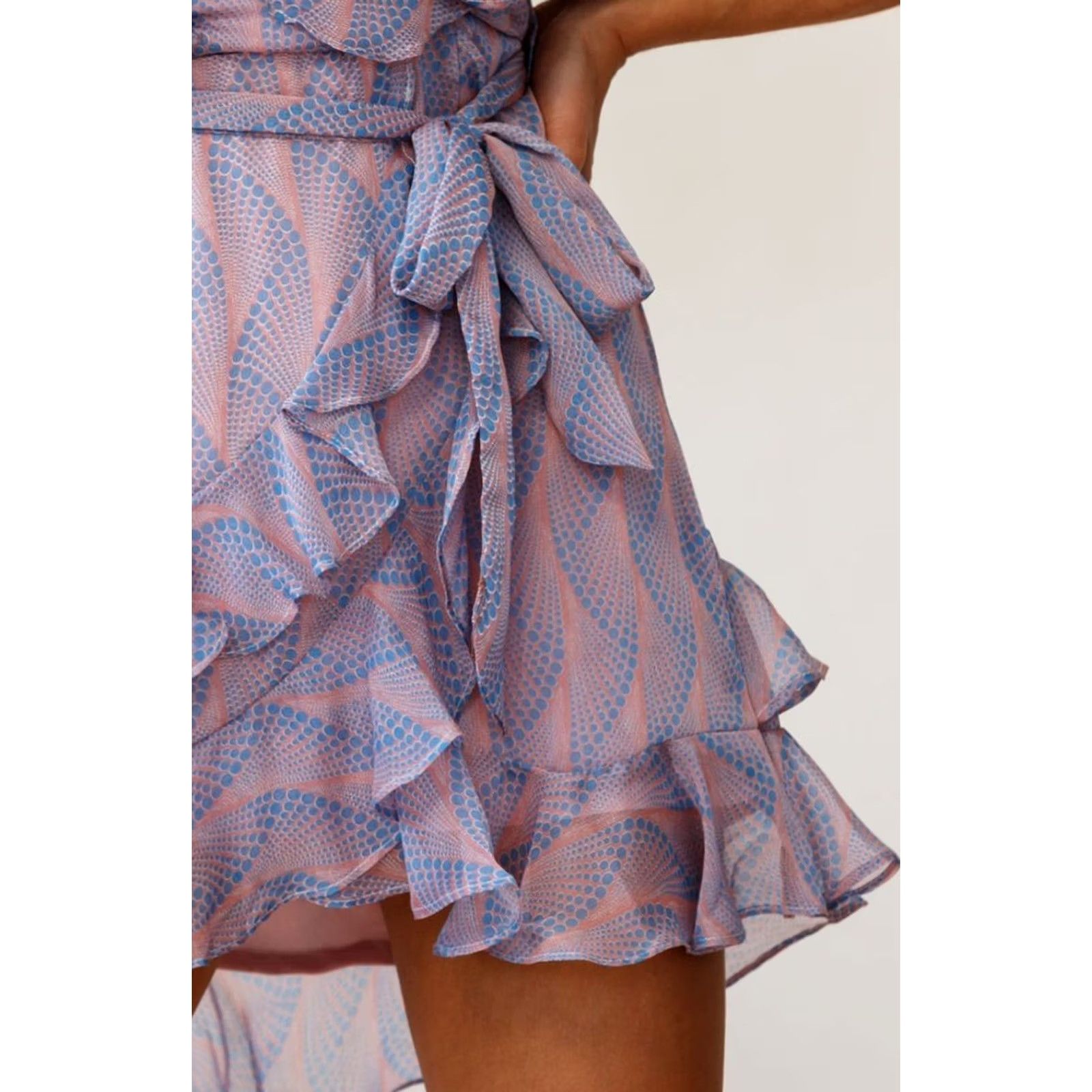 Vintage Saints + Secrets Tie Front Short Sleeve Ruffle Mini Dress Rose / Blue Women's S New Size 28" / US 6 / IT 42 - 4 Thumbnail