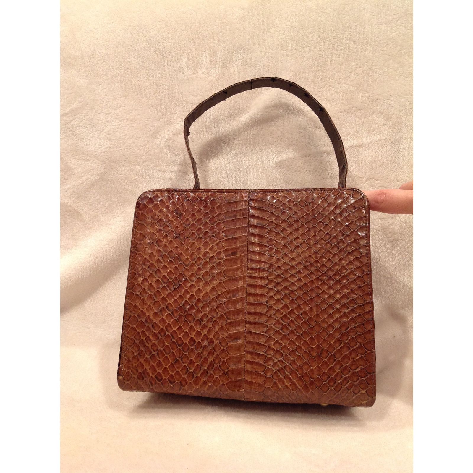 Vintage Vintage Brown Snake Print Handbag Gold Accents Top Handle Size ONE SIZE - 13 Thumbnail
