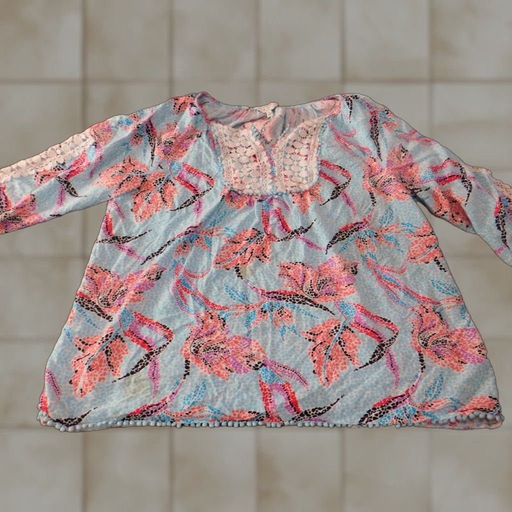 Vintage Crown & Ivy Blouse Womens PL Petites Blue Floral Knit Rayon Crew Neck Pullover Long Sleeve Button Basic Designer Vintage: No Size L / US 10 / IT 46 - 1 Thumbnail