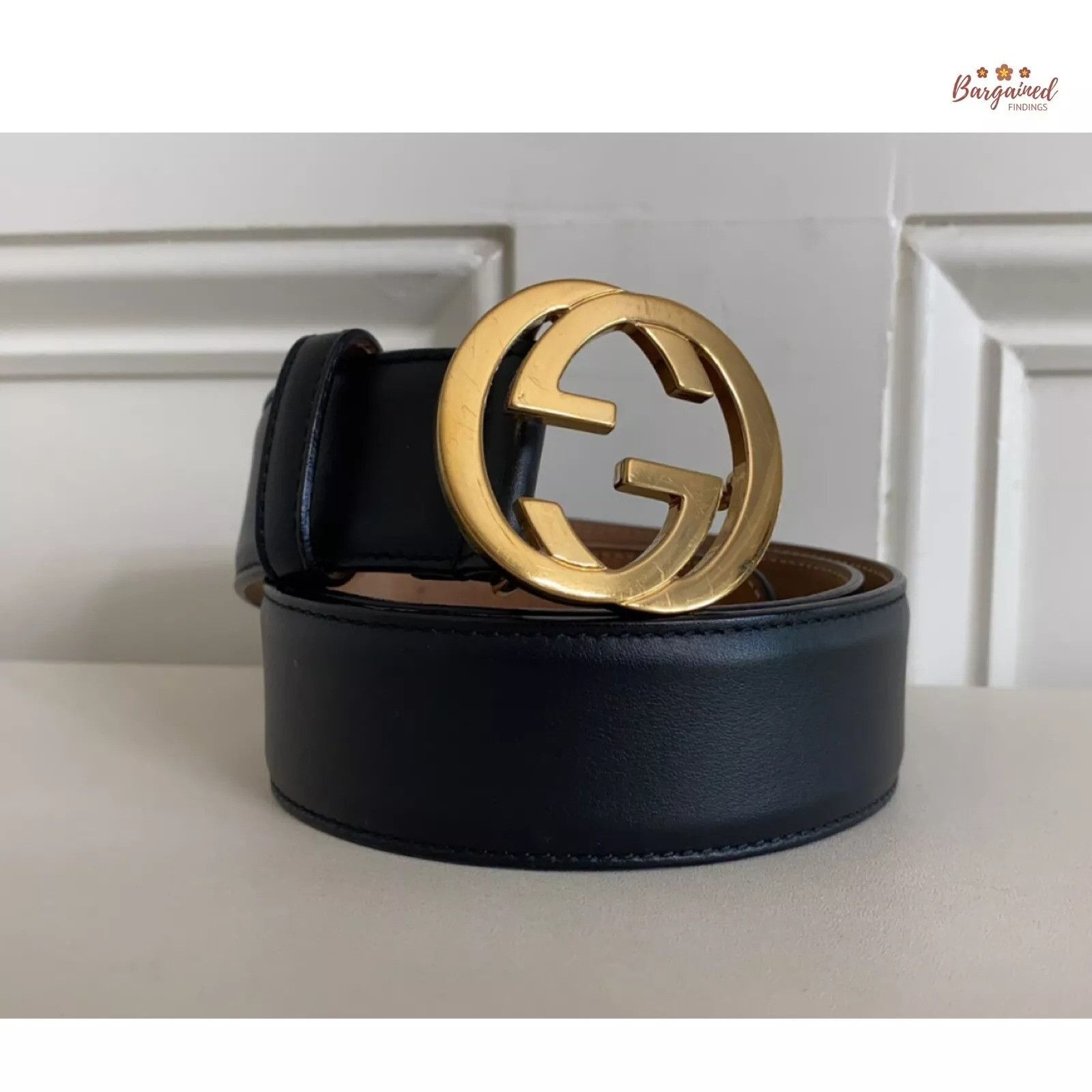 Gucci Gucci Black Calfskin Leather Gold Interlocking G Buckle Belt Size 28 - 9 Thumbnail