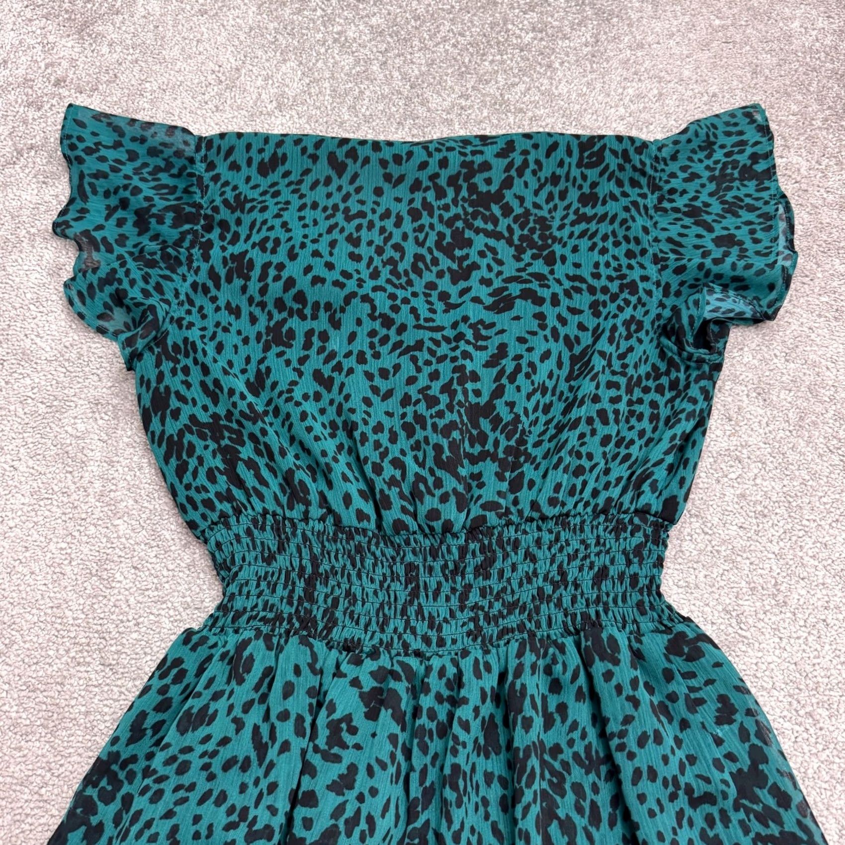 AQUA Aqua Leopard Animal Print Smocked A-Line Mini Dress Womens Small Teal Black Shirt? Size S / US 4 / IT 40 - 3 Thumbnail
