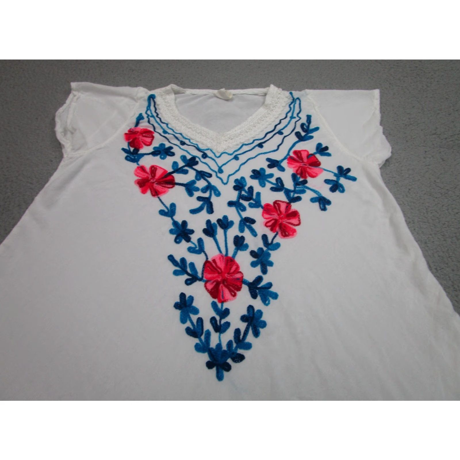 Vintage Exist Dress Womens One Size White Floral Kaftan Embroidered Boho Rayon Swing Size ONE SIZE - 2 Thumbnail