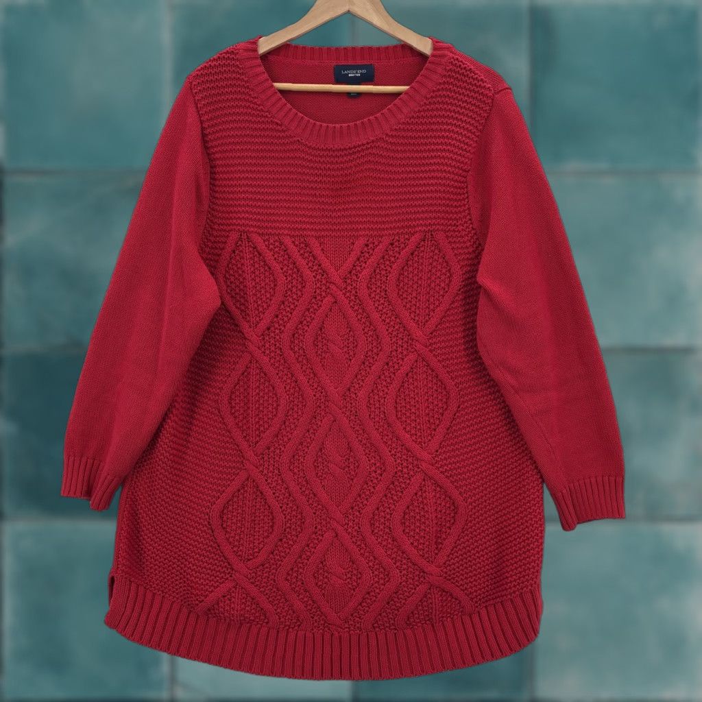 Lands' End Lands' End Sweater Womens 1X Red Drifter Cable Knit Tunic High Low Hem Cotton Size XL / US 12-14 / IT 48-50 - 1 Thumbnail