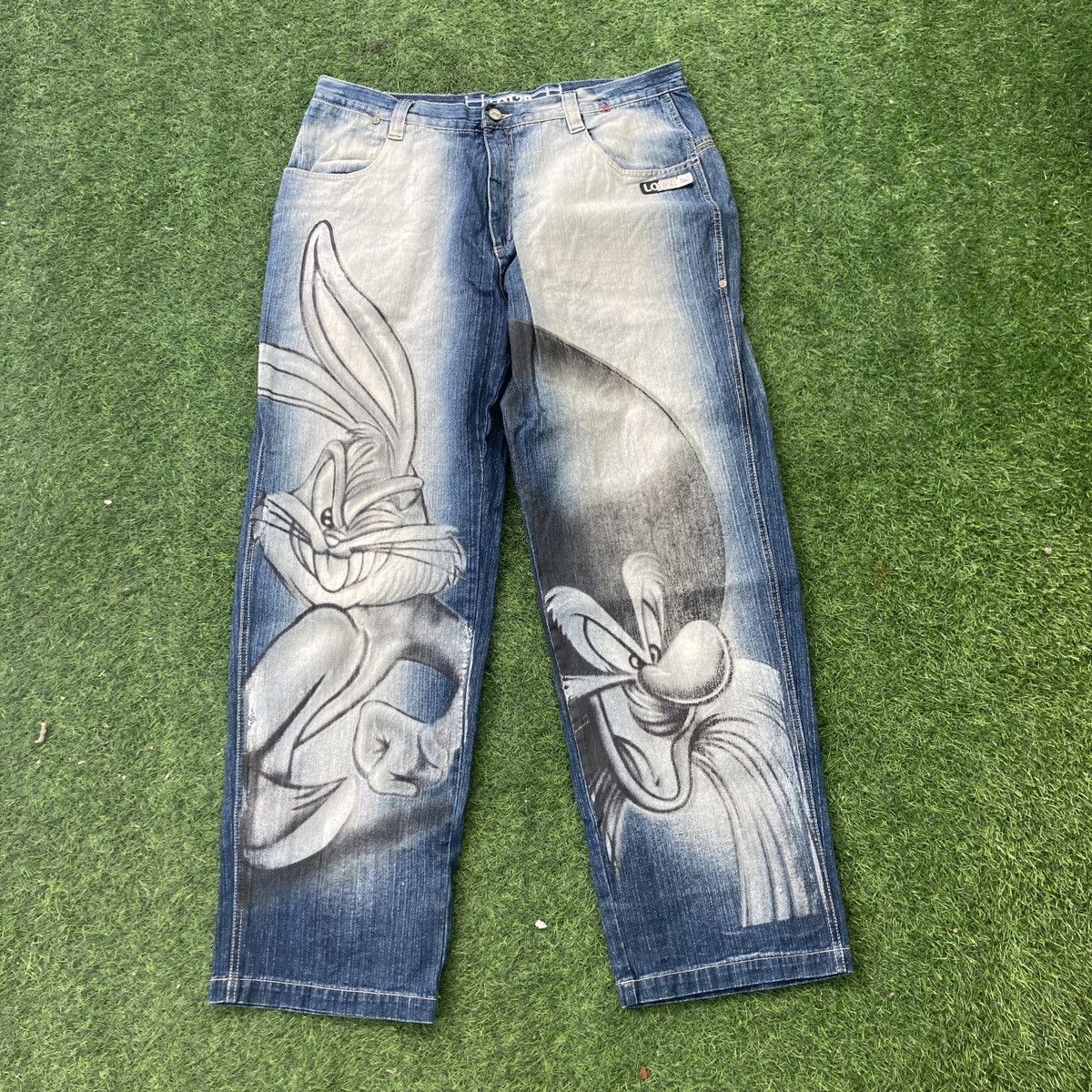 image of Jnco x Luxe Vintage Lot 29 Denim Baggy Looney Tunes Jeans in Blue, Men's (Size 38)