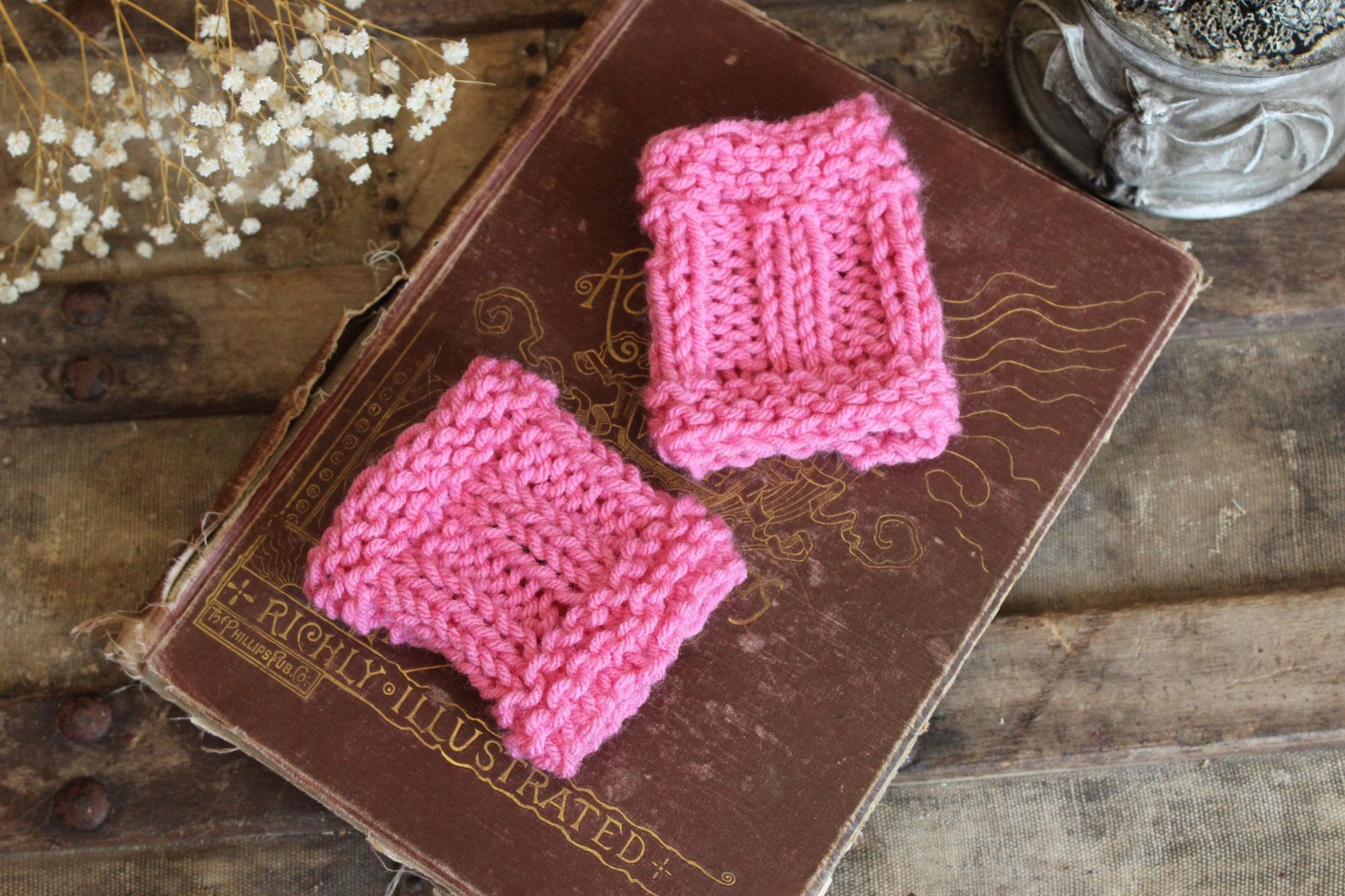 Handmade Hand Knit Fingerless Gloves, Armwarmers in Pink, One of a Ki Size ONE SIZE - 7 Thumbnail