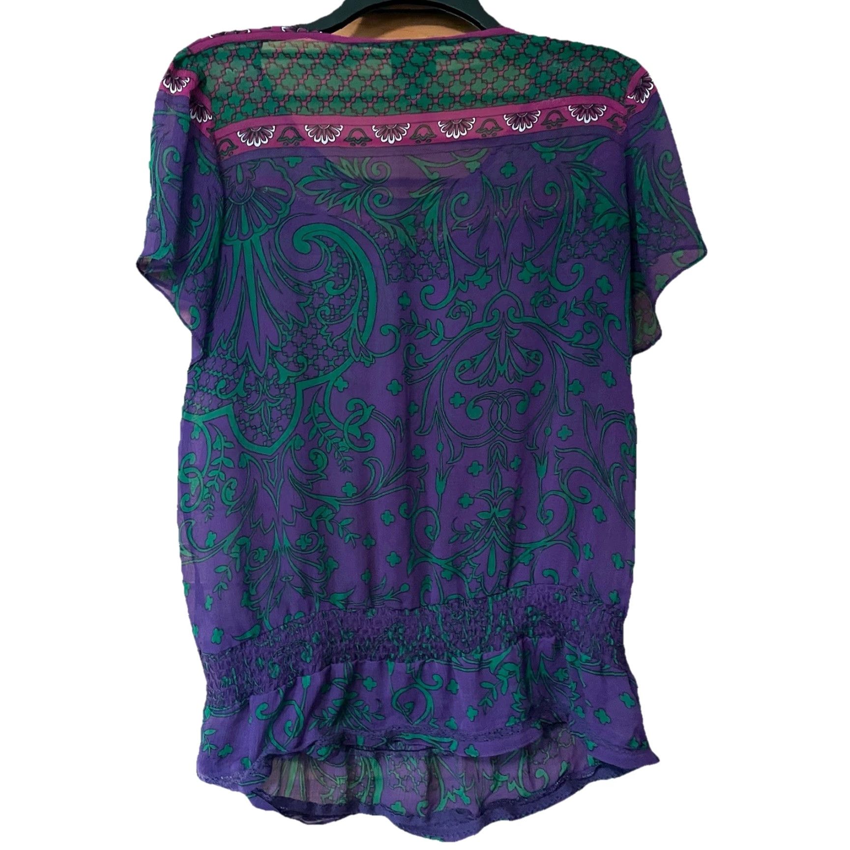 Nicole Miller Nicole Miller Blouse L Short Sleeve Sheer Purple Pink Green Boho Grunge Party Casual Womens Size L / US 10 / IT 46 - 4 Thumbnail