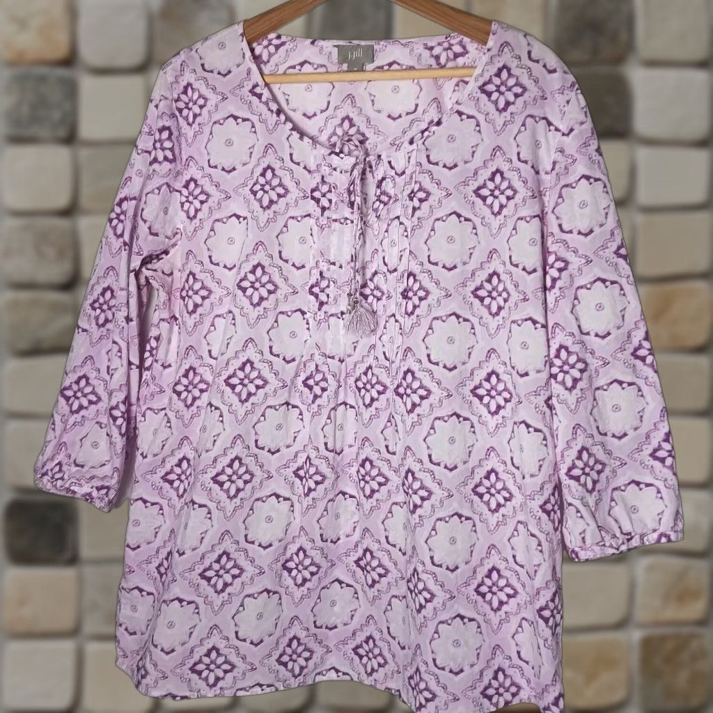 J. Jill J Jill Blouse Women Medium Pullover Floral Purple Mandala Peasant Boho Pleated Size M / US 6-8 / IT 42-44 - 1 Thumbnail