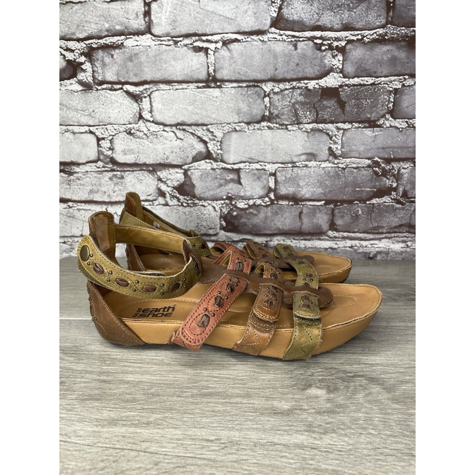 Other Earth Kalso Empire Bat Brown Leather Green Ankle Strap Wedge Size US 7.5 / IT 37.5 - 13 Thumbnail