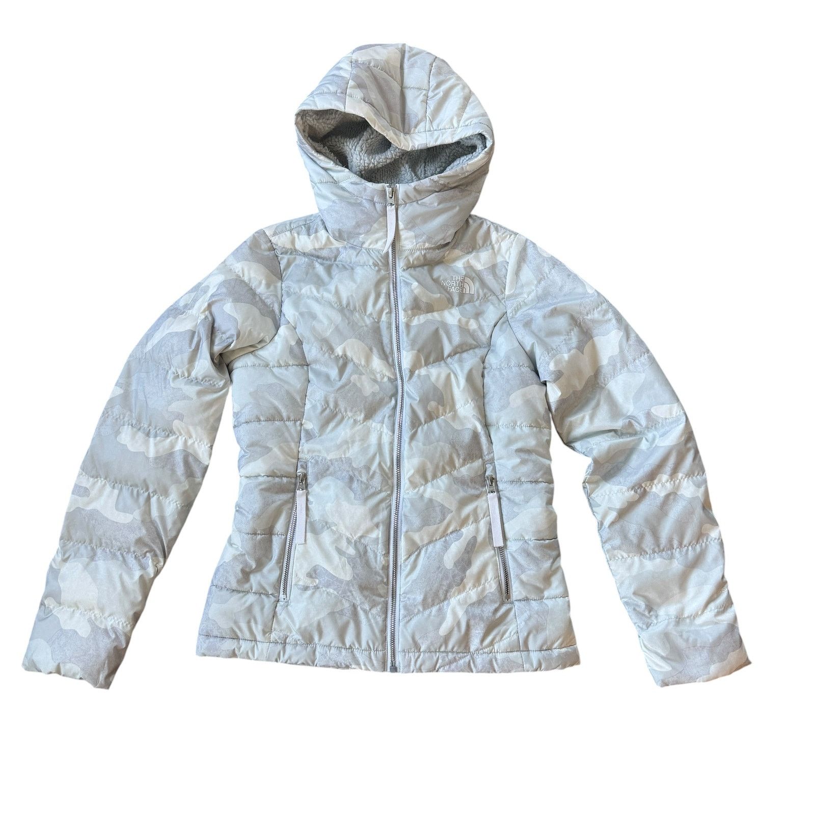 The North Face 550 Down Puffer White Camouflage Hooded
