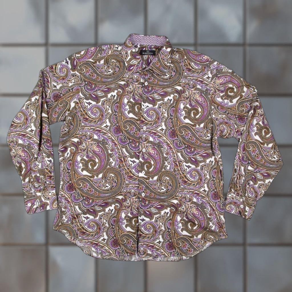 BUGATCHI BUGATCHI UOMO Dress Shirt Mens 2XL Purple Paisley Button Up Cuff Long Sleeve Knit Cotton Formal Shirt Size 48R - 1 Thumbnail