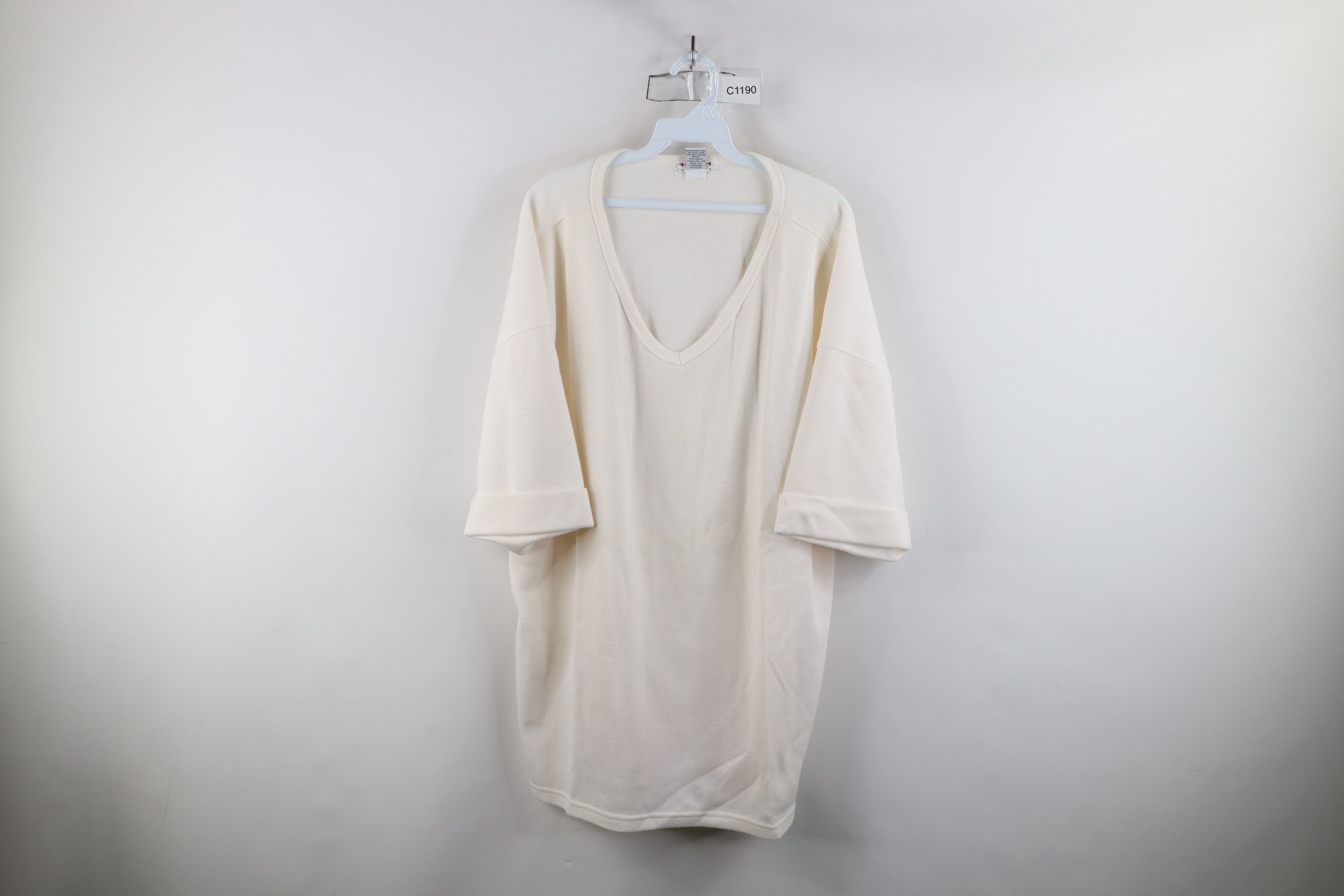 Express × Vintage Vintage 90s Express Baggy Thermal Waffle Knit T-Shirt Cream Size L / US 10 / IT 46 - 1 Thumbnail