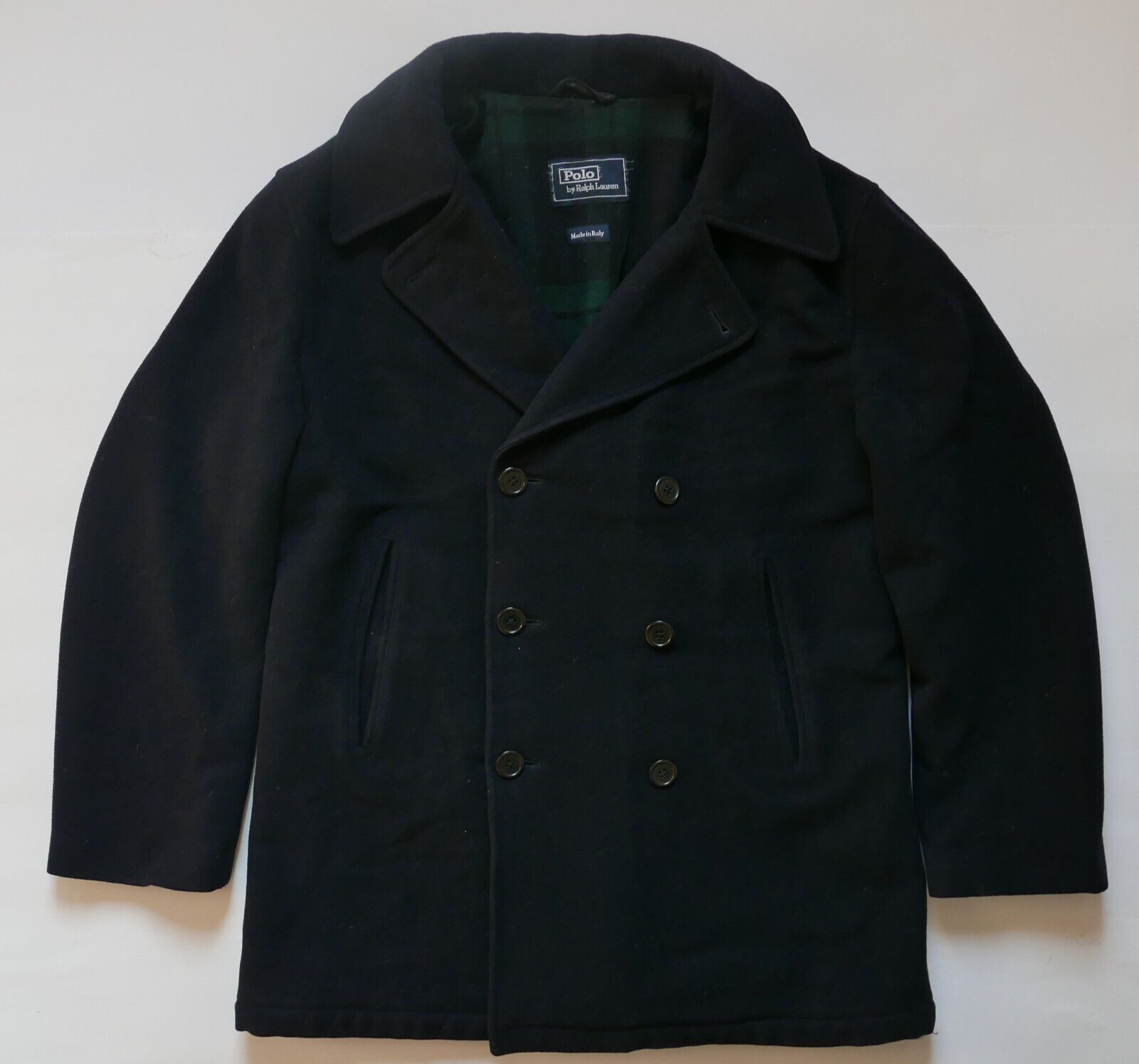 Polo Ralph Lauren Pea Coat Jacket Black Tartan Wool 48