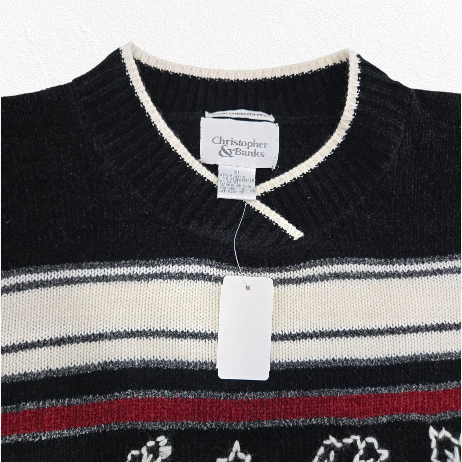 Vintage Y2K Fall Striped Leaf Knit Black Red White Sweater Size XL Size XL / US 12-14 / IT 48-50 - 4 Thumbnail