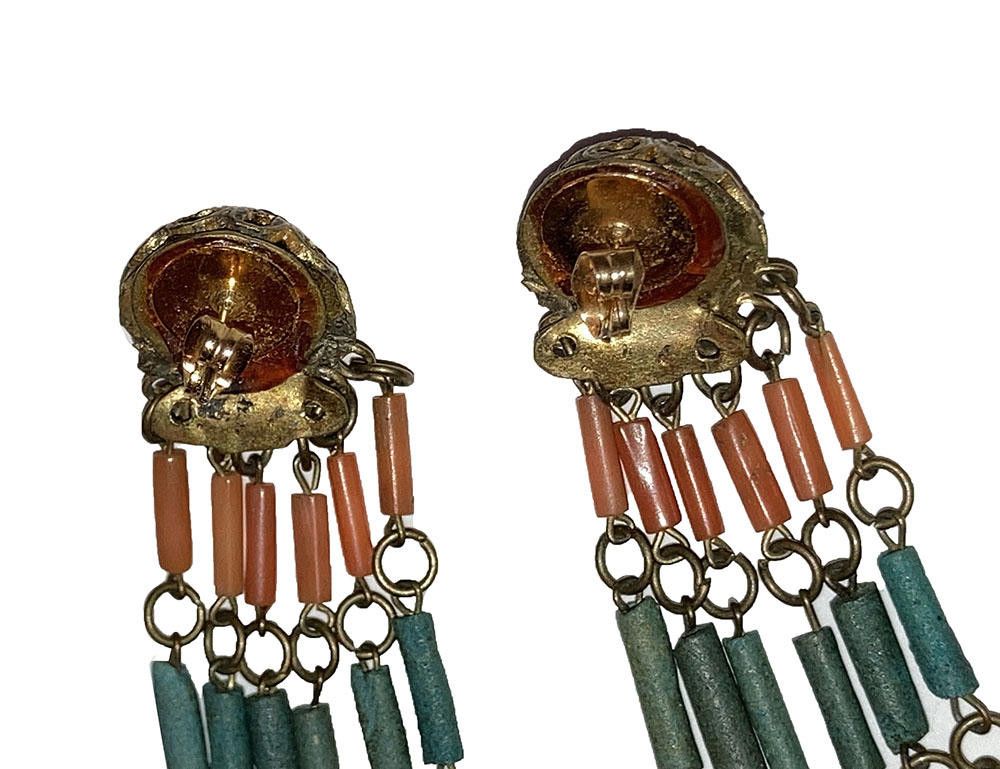 Designer Egyptian Revival Red Coral Brass Faience Earrings Size ONE SIZE - 5 Thumbnail