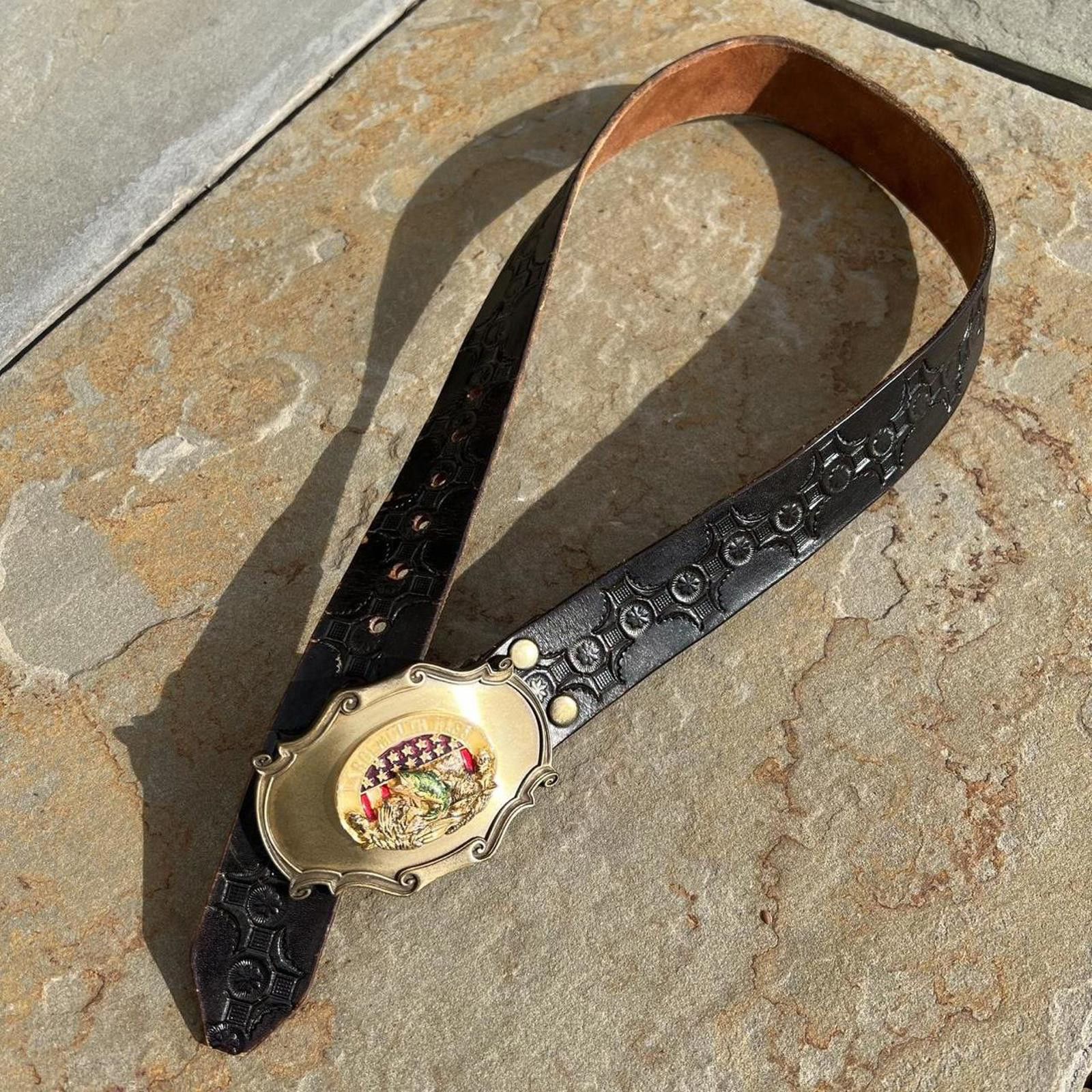 Vintage Vintage 70s Fishing Buckle Embossed Black Leather Belt Size ONE SIZE - 1 Thumbnail