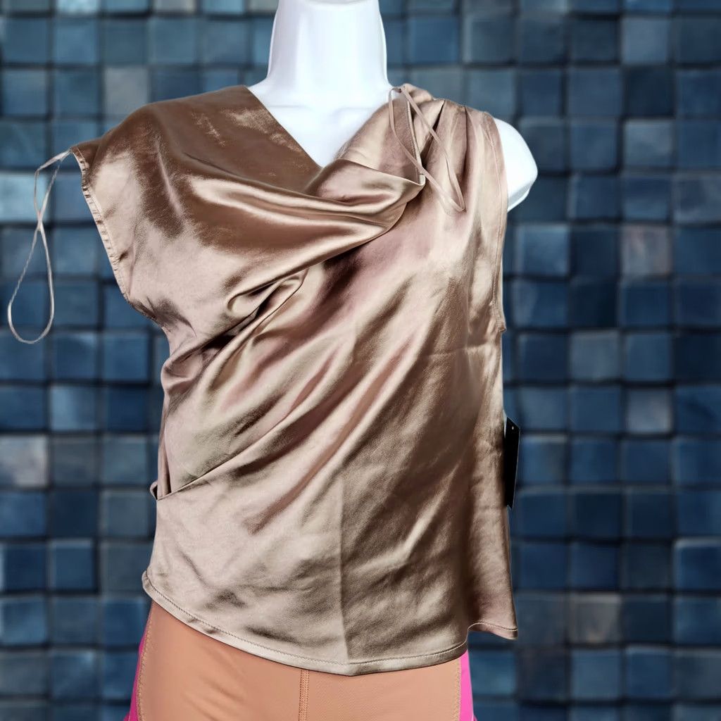 Vintage Jluxlabel Women Satin Drape Top XS Champagne Asymmetrical NWT Satin Blouse Off Shoulder Short Sleeve Pink Regular Fit Women XS NWT Size XS / US 0-2 / IT 36-38 - 1 Thumbnail